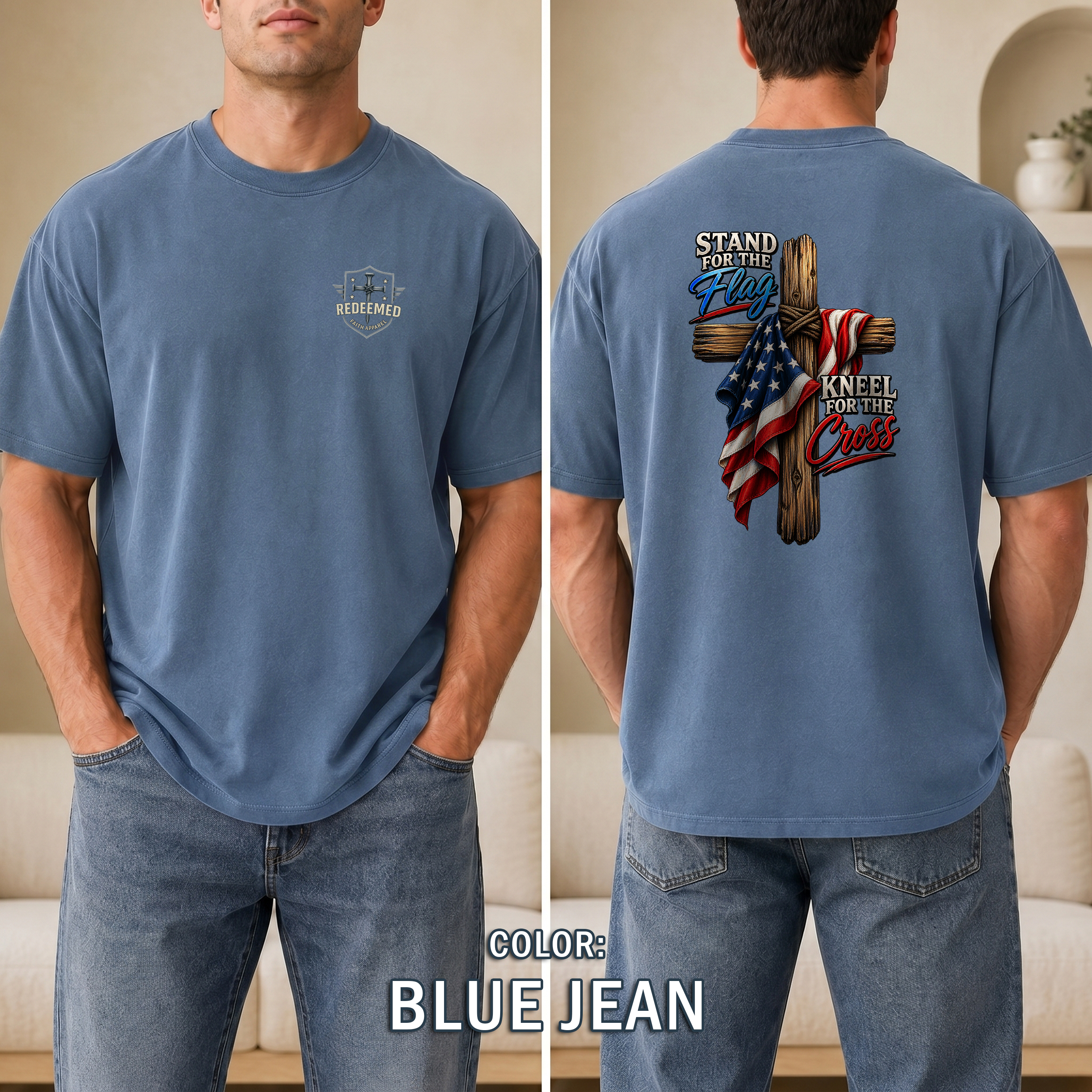 Stand for the Flag Kneel for the Cross T-Shirt, Christian Patriotic T-Shirt, American Flag & Cross Shirt, Redeemed Faith Apparel