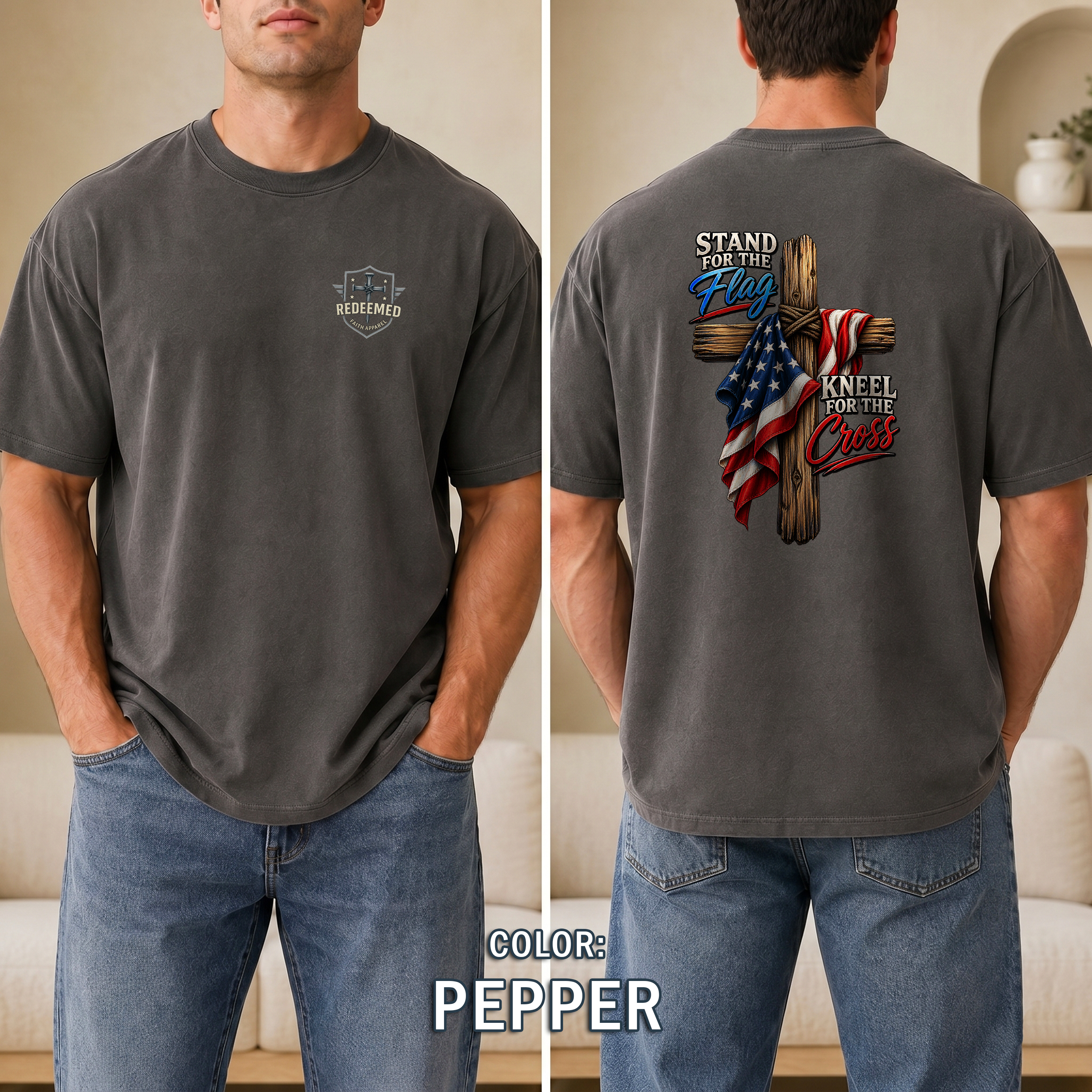 Stand for the Flag Kneel for the Cross T-Shirt, Christian Patriotic T-Shirt, American Flag & Cross Shirt, Redeemed Faith Apparel