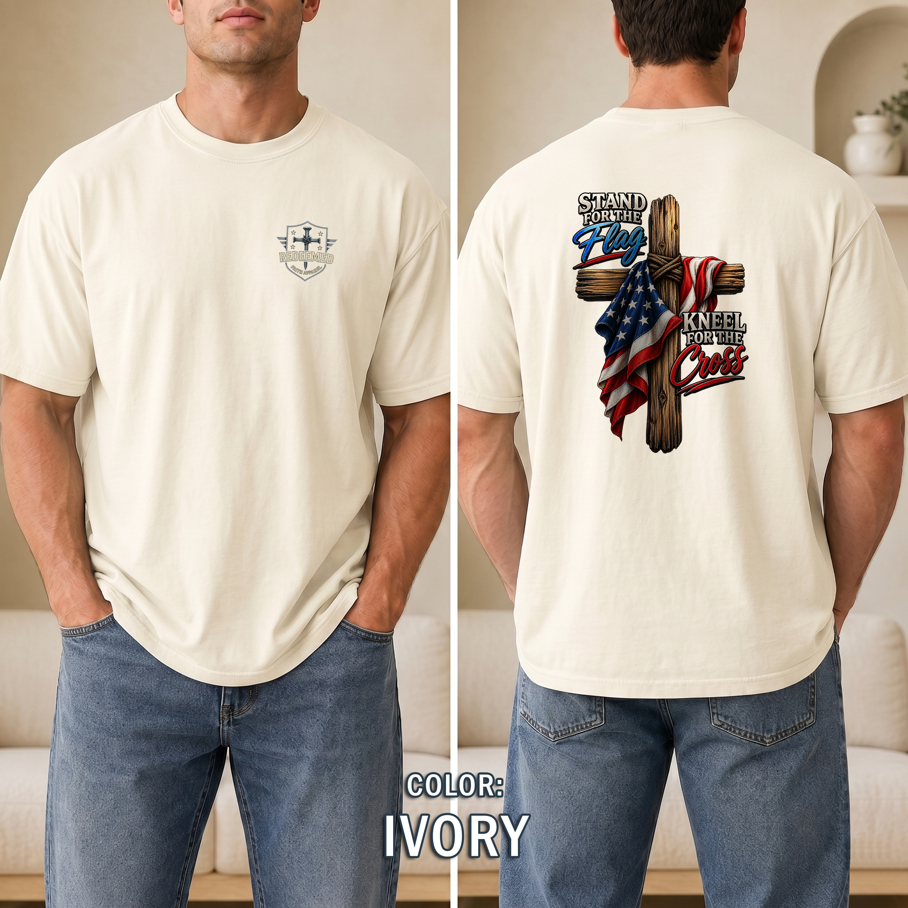 Stand for the Flag Kneel for the Cross T-Shirt, Christian Patriotic T-Shirt, American Flag & Cross Shirt, Redeemed Faith Apparel
