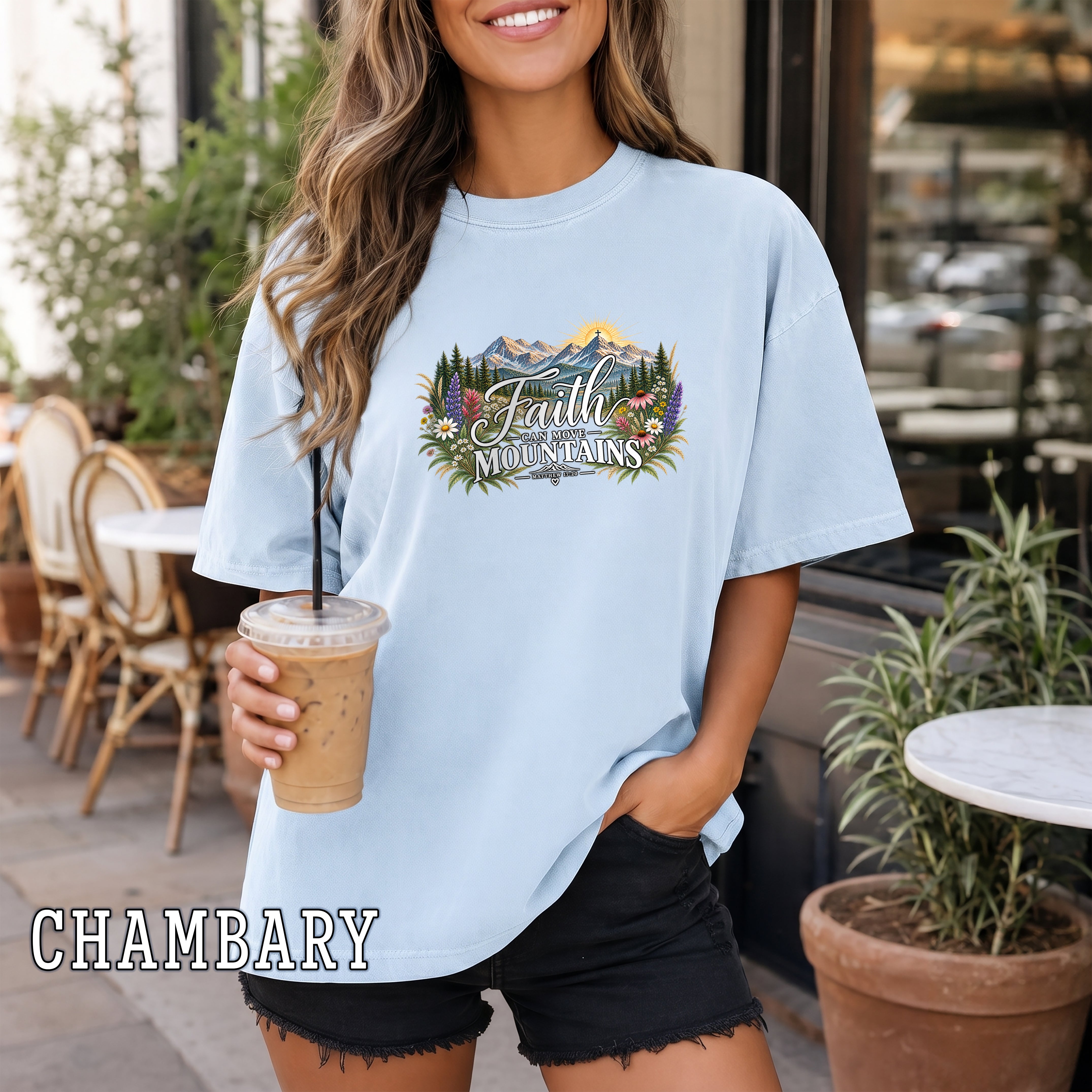 Faith Can Move Mountains Christian Women's T-Shirt, Matthew 17:20 Floral Mountain Faith Tee, Christian Gift for Her, Redeemed Faith Apparel