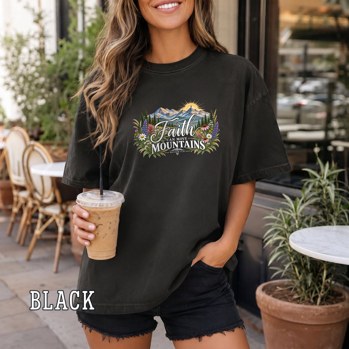 Faith Can Move Mountains Christian Women's T-Shirt, Matthew 17:20 Floral Mountain Faith Tee, Christian Gift for Her, Redeemed Faith Apparel