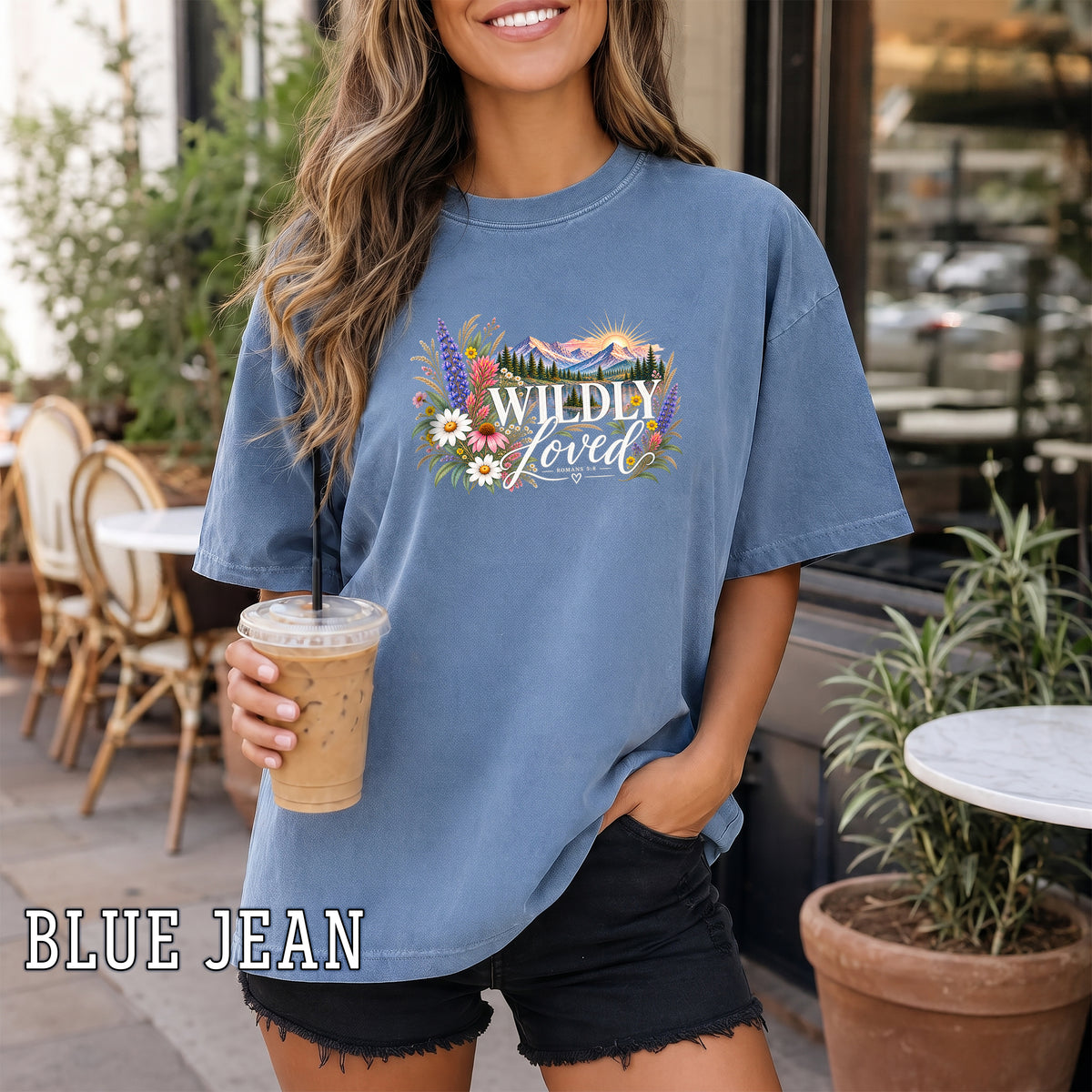 Wildly Loved Christian Women's T-Shirt, Romans 5:8 Floral Mountain Bible Verse Shirt, Christian Gift for Her, Redeemed Faith Apparel