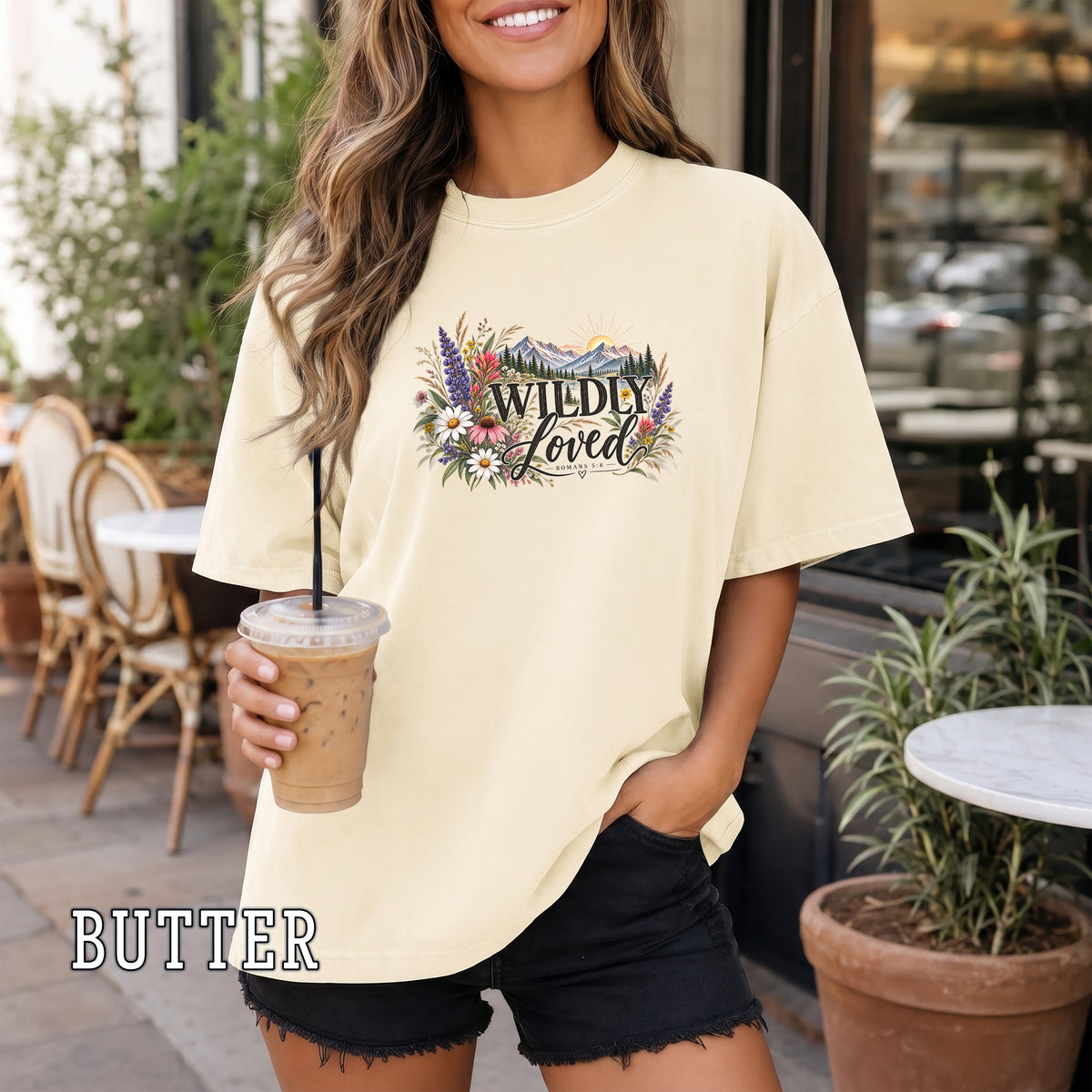 Wildly Loved Christian Women's T-Shirt, Romans 5:8 Floral Mountain Bible Verse Shirt, Christian Gift for Her, Redeemed Faith Apparel