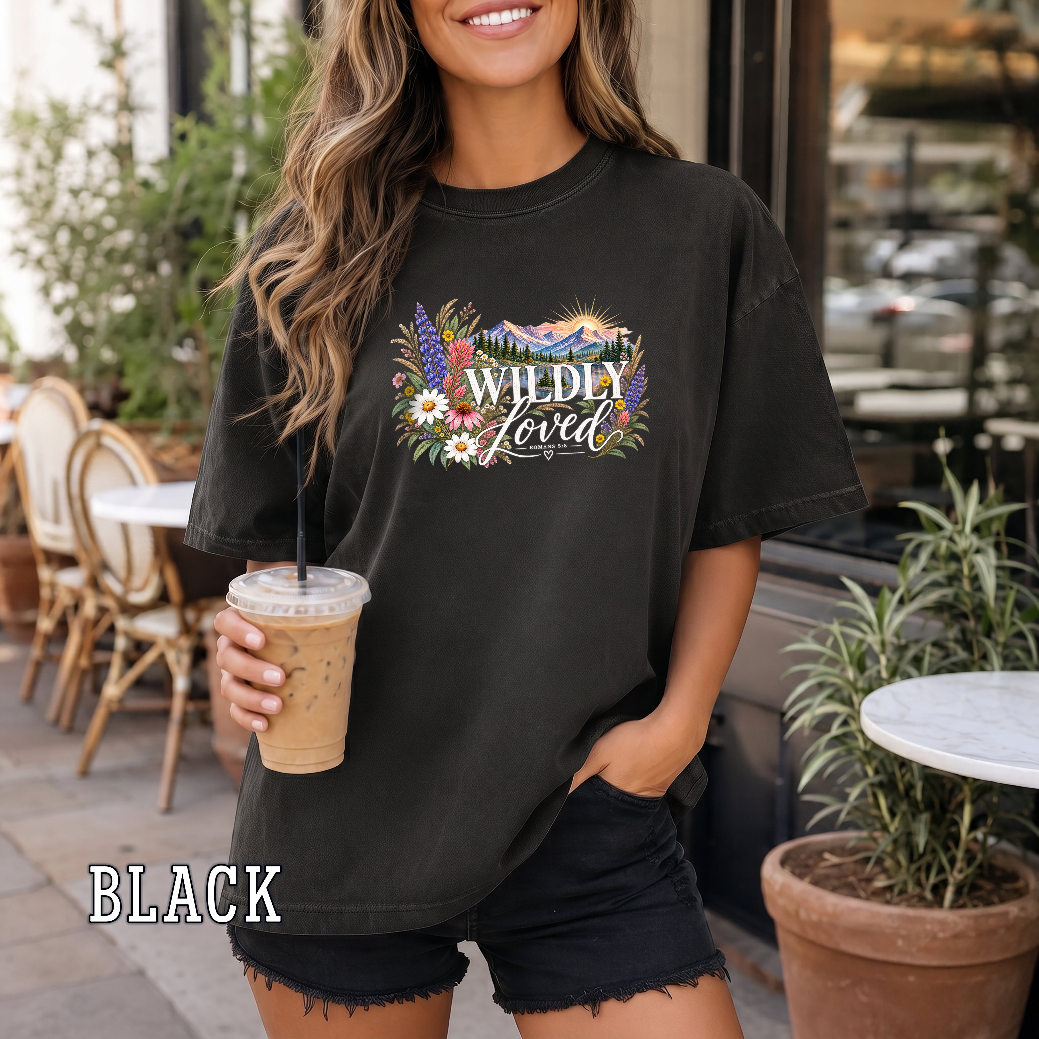 Wildly Loved Christian Women's T-Shirt, Romans 5:8 Floral Mountain Bible Verse Shirt, Christian Gift for Her, Redeemed Faith Apparel