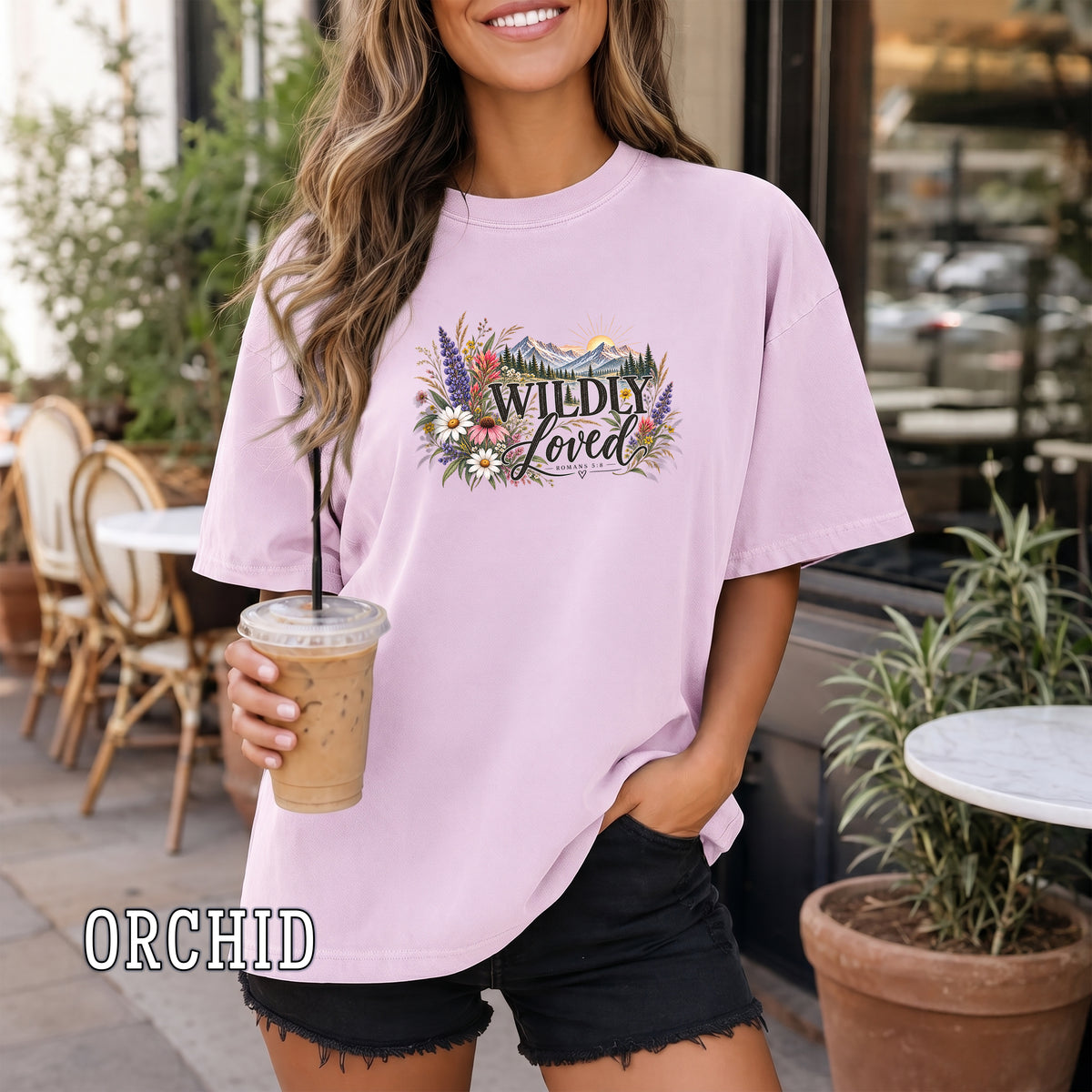 Wildly Loved Christian Women's T-Shirt, Romans 5:8 Floral Mountain Bible Verse Shirt, Christian Gift for Her, Redeemed Faith Apparel