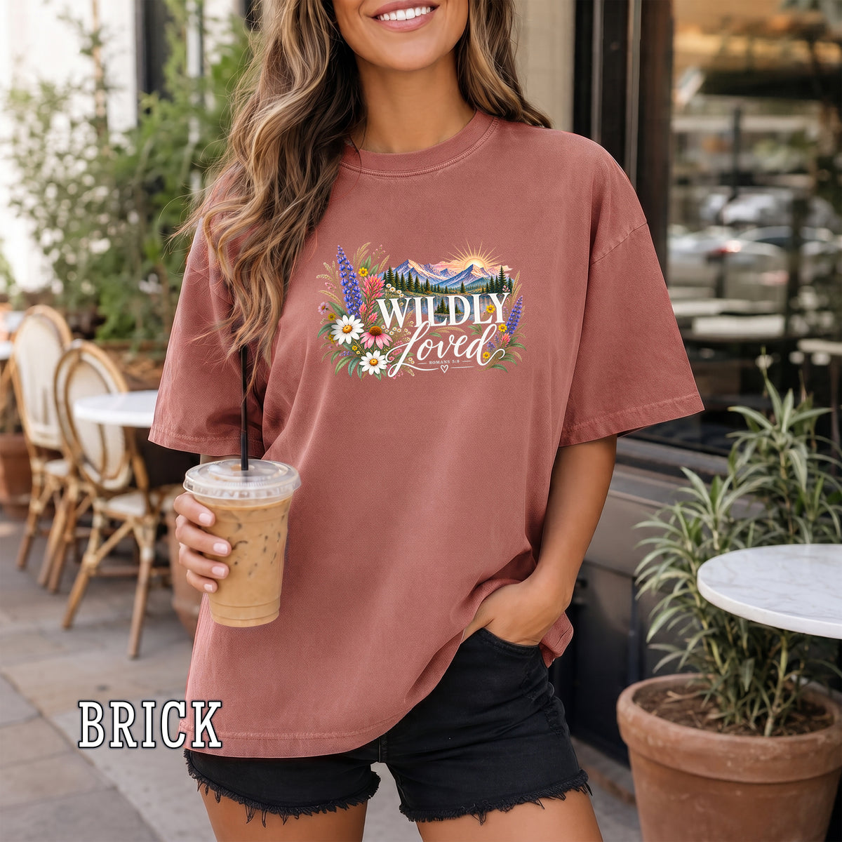 Wildly Loved Christian Women's T-Shirt, Romans 5:8 Floral Mountain Bible Verse Shirt, Christian Gift for Her, Redeemed Faith Apparel