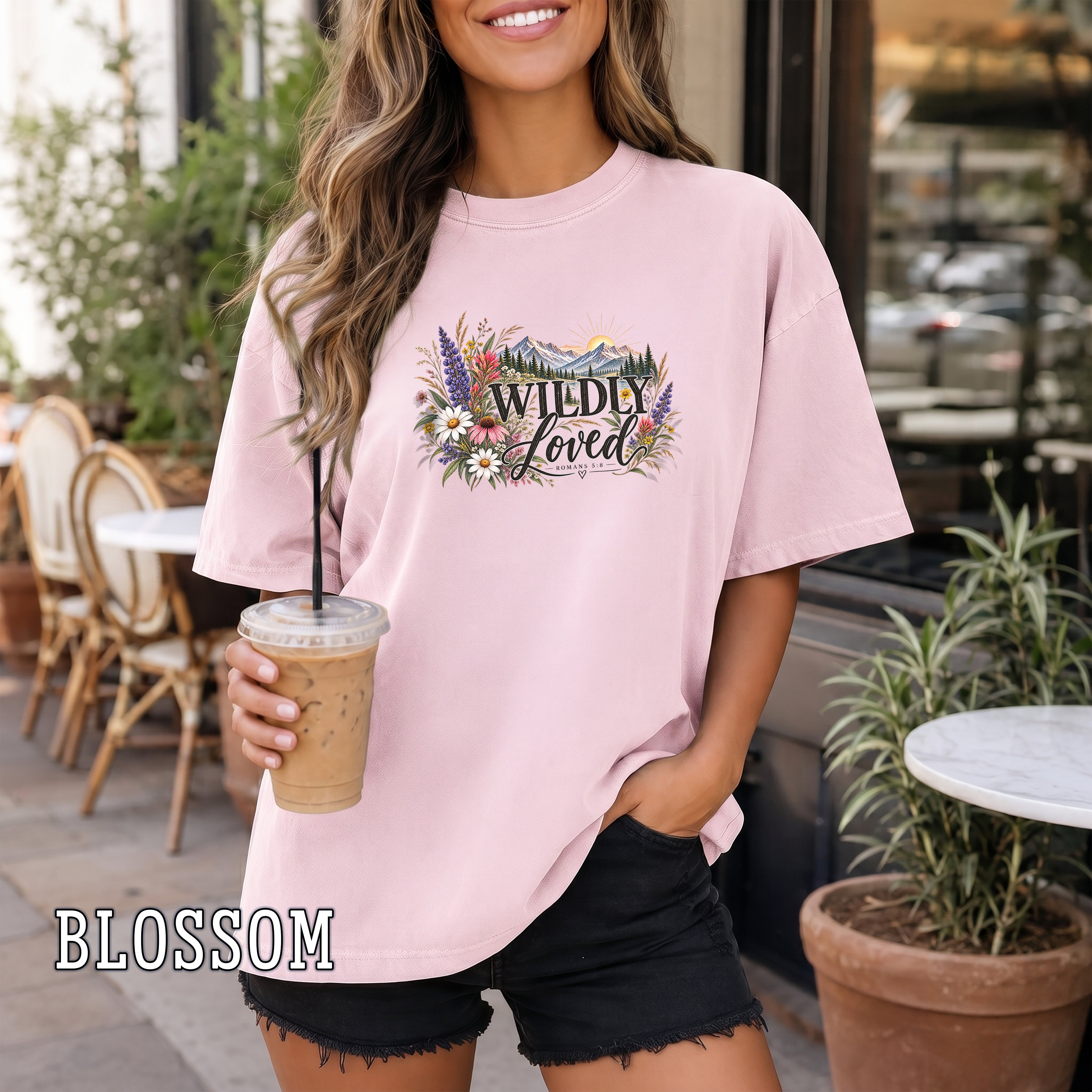 Wildly Loved Christian Women's T-Shirt, Romans 5:8 Floral Mountain Bible Verse Shirt, Christian Gift for Her, Redeemed Faith Apparel