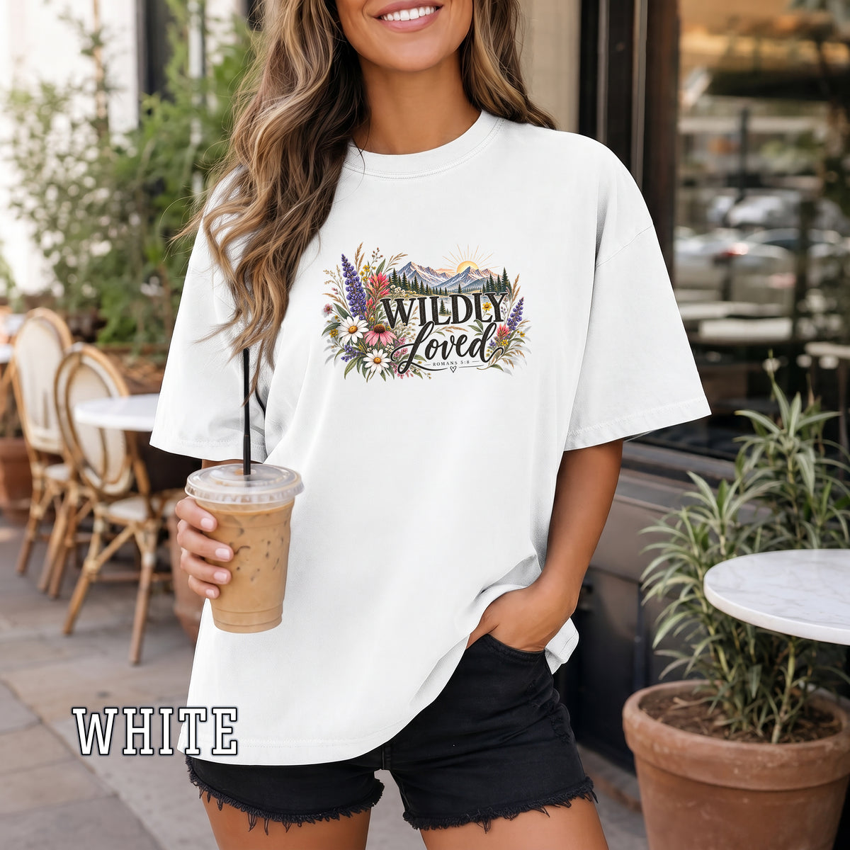 Wildly Loved Christian Women's T-Shirt, Romans 5:8 Floral Mountain Bible Verse Shirt, Christian Gift for Her, Redeemed Faith Apparel