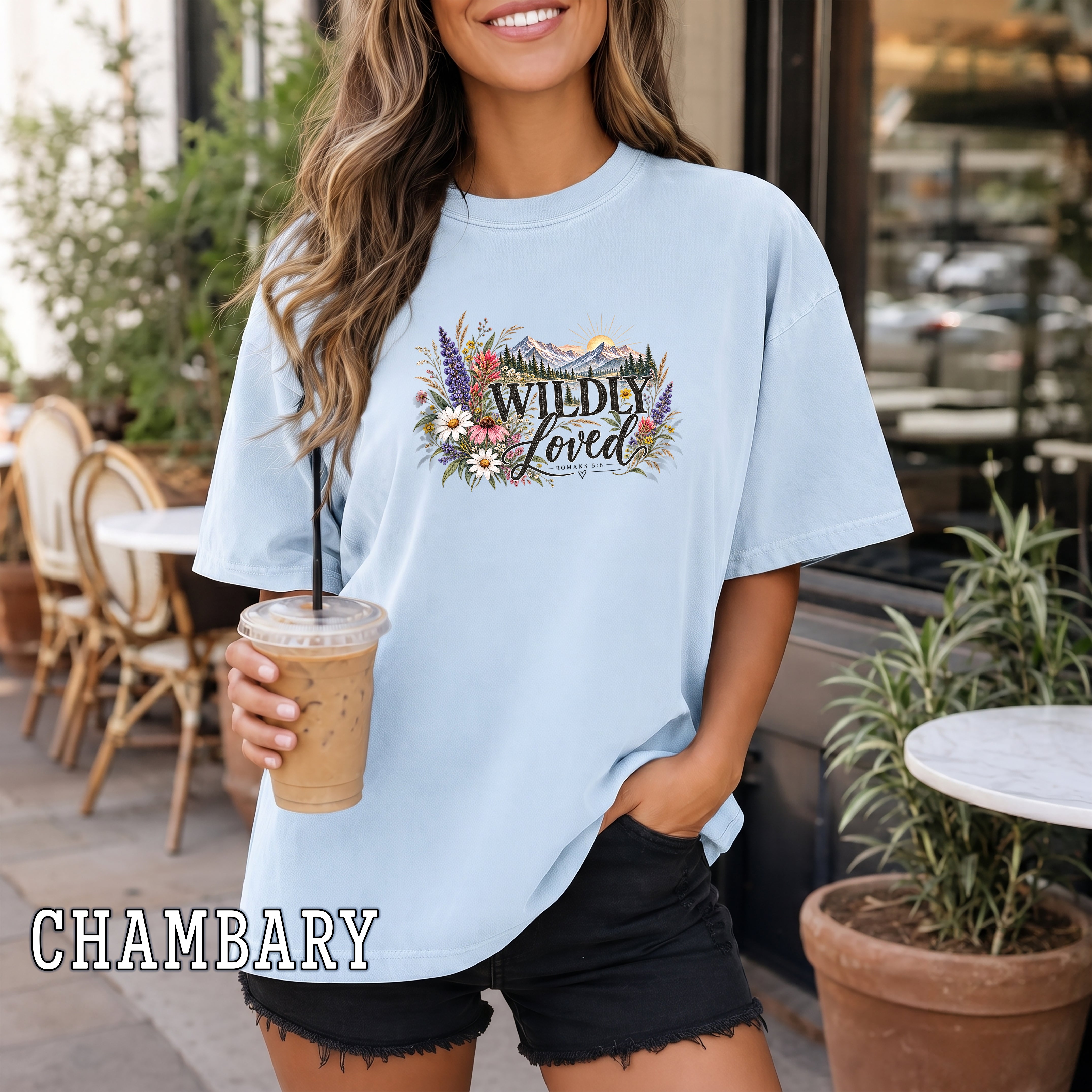 Wildly Loved Christian Women's T-Shirt, Romans 5:8 Floral Mountain Bible Verse Shirt, Christian Gift for Her, Redeemed Faith Apparel