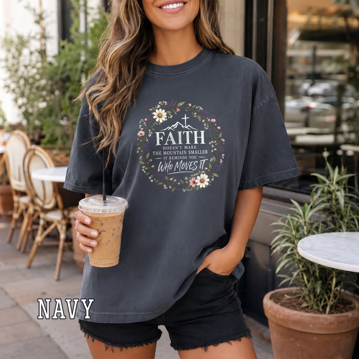 Faith Doesn't Make the Mountain Smaller Christian Women's T-Shirt, Floral Faith Shirt, Christian Encouragement Tee, Redeemed Faith Apparel