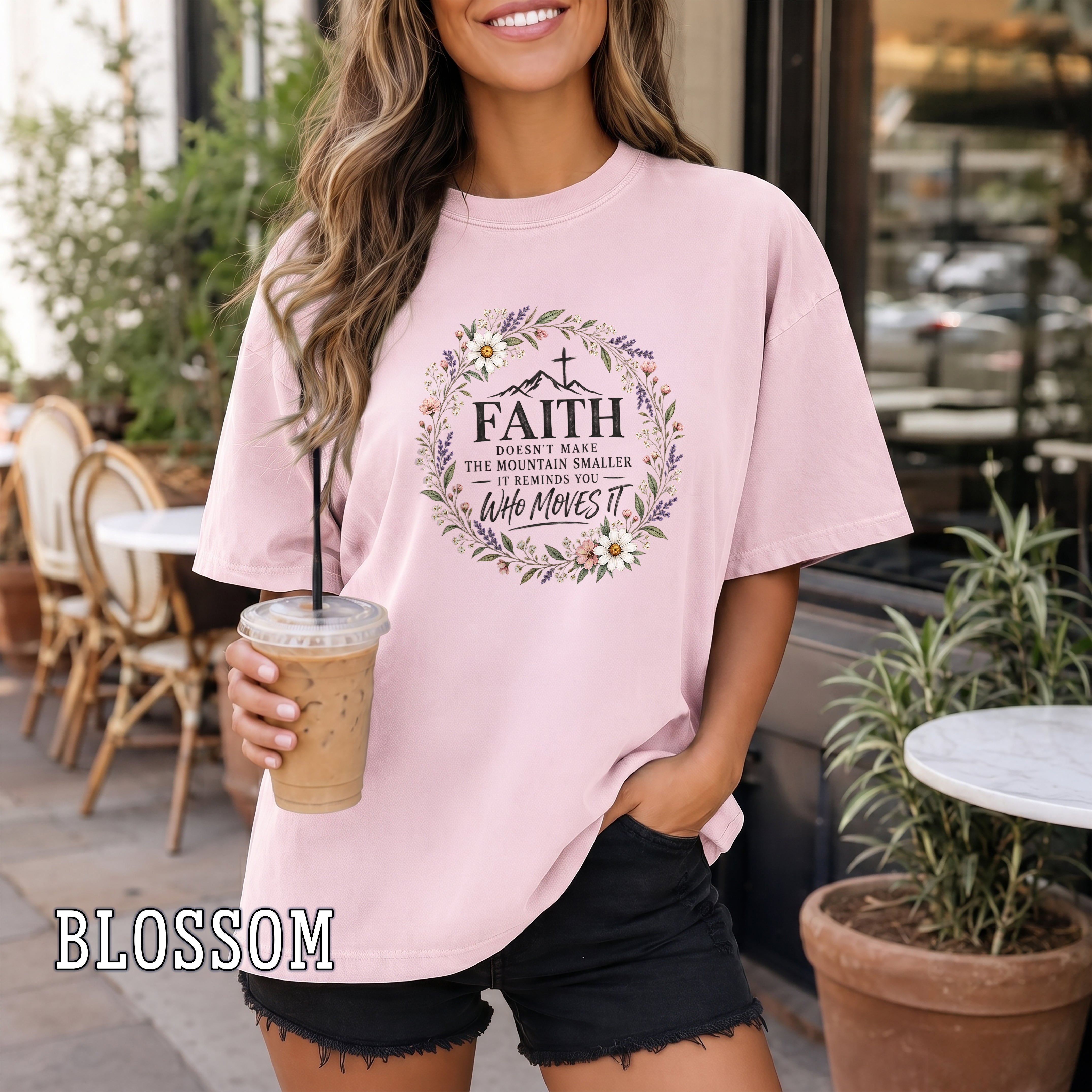 Faith Doesn't Make the Mountain Smaller Christian Women's T-Shirt, Floral Faith Shirt, Christian Encouragement Tee, Redeemed Faith Apparel