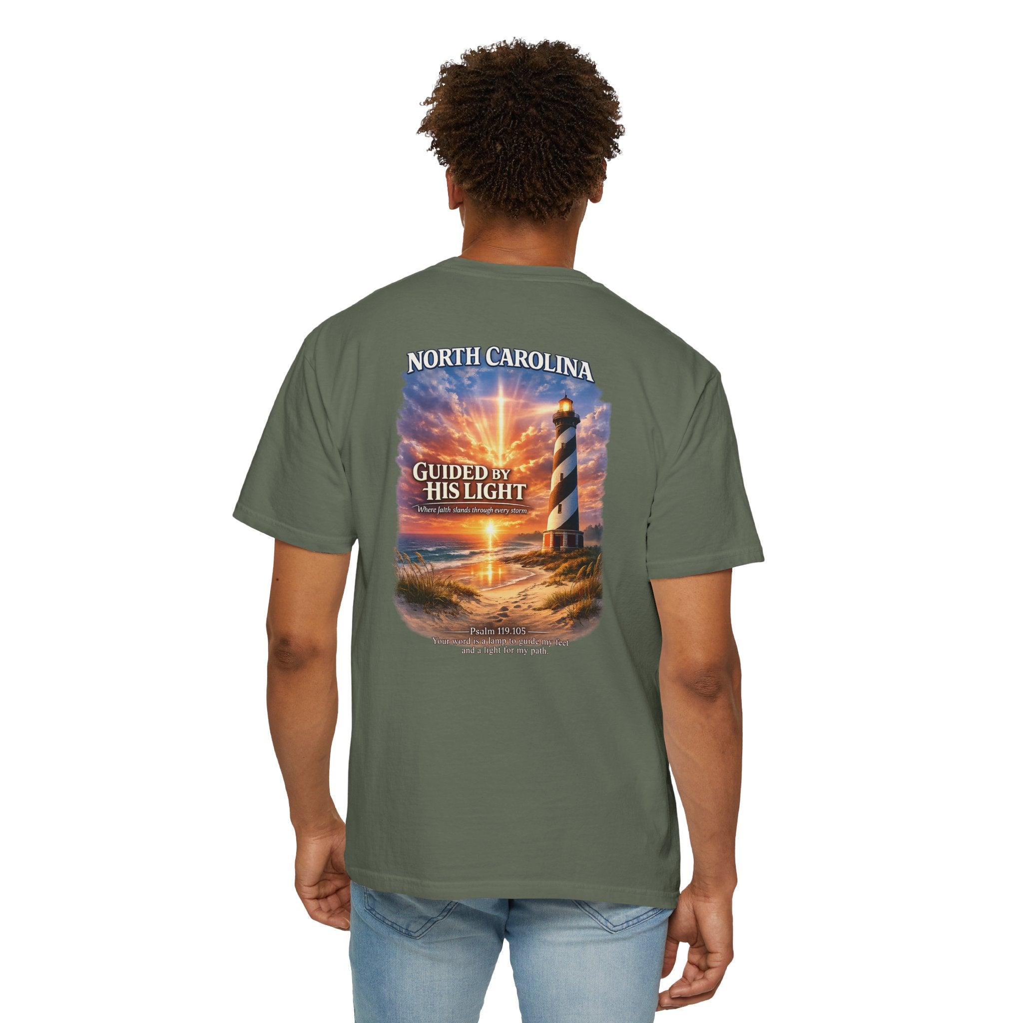 NC-North Carolina Guided by His Light Christian T Shirt, Lighthouse Faith Tee, Psalm 119:105 Shirt, God Bless America Collection