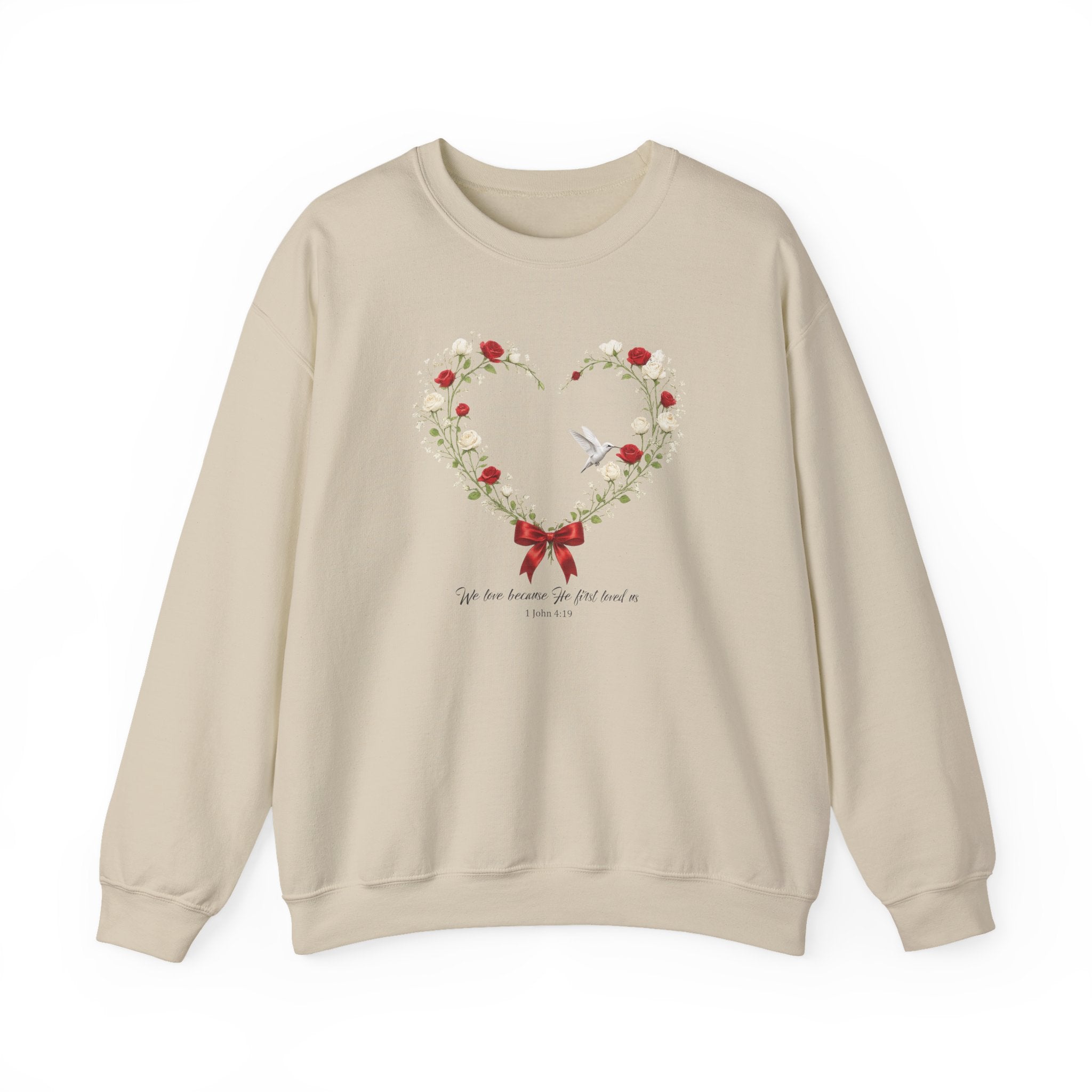 Christian Wildflower Heart Sweatshirt, 1 John 4:19 Floral  Faith Sweatshirt, Rose Hummingbird Womens Gift, Redeemed Faith Apparel, Boho Top