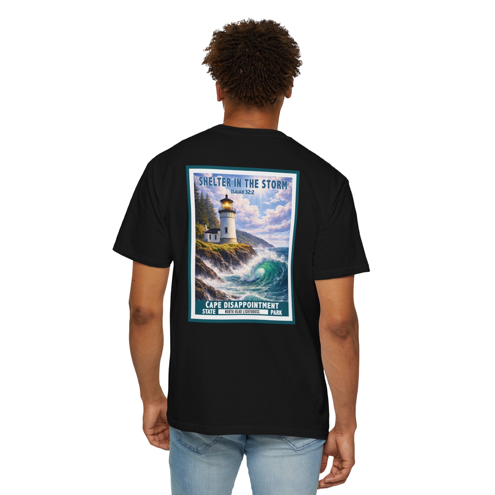 WA-Shelter in the Storm Shirt, Isaiah 32:2, Cape Disappointment, North Head Lighthouse, Christian Faith Tee, God Bless America Collection
