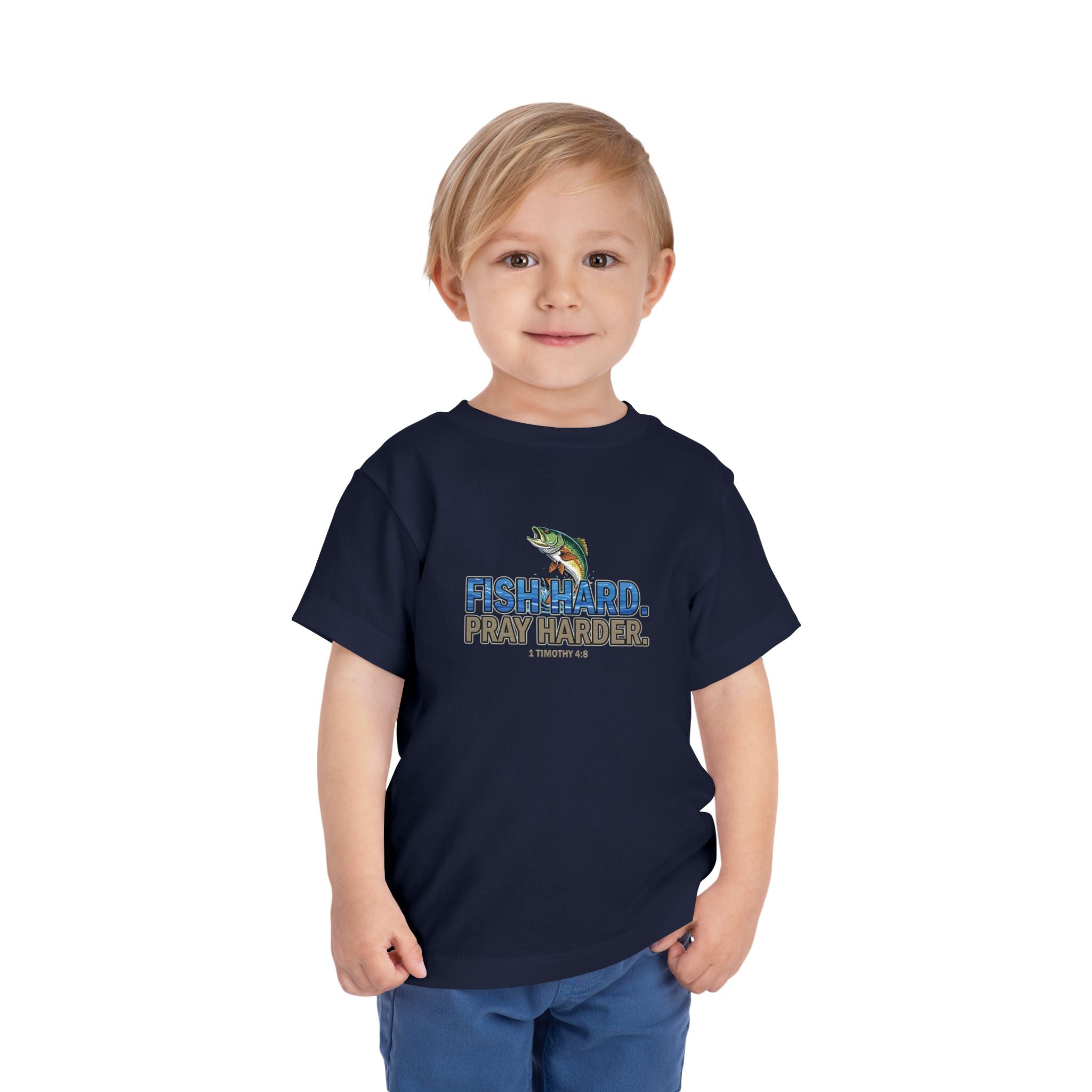 Fish Hard Pray Harder Kids T-Shirt, Christian Fishing Tee, Redeemed Faith Apparel