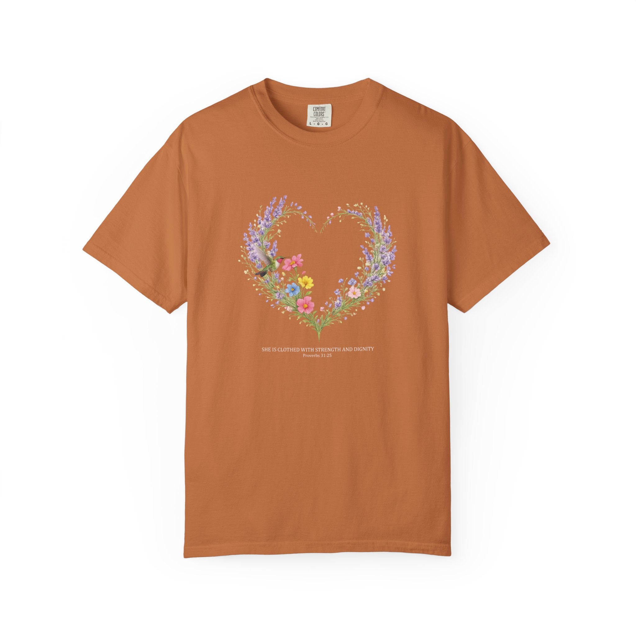 She Is Clothed With Strength And Dignity Floral Tee, Proverbs 31:25 Shirt, Christian Women Gift, Wildflower Heart, Redeemed Faith Apparel