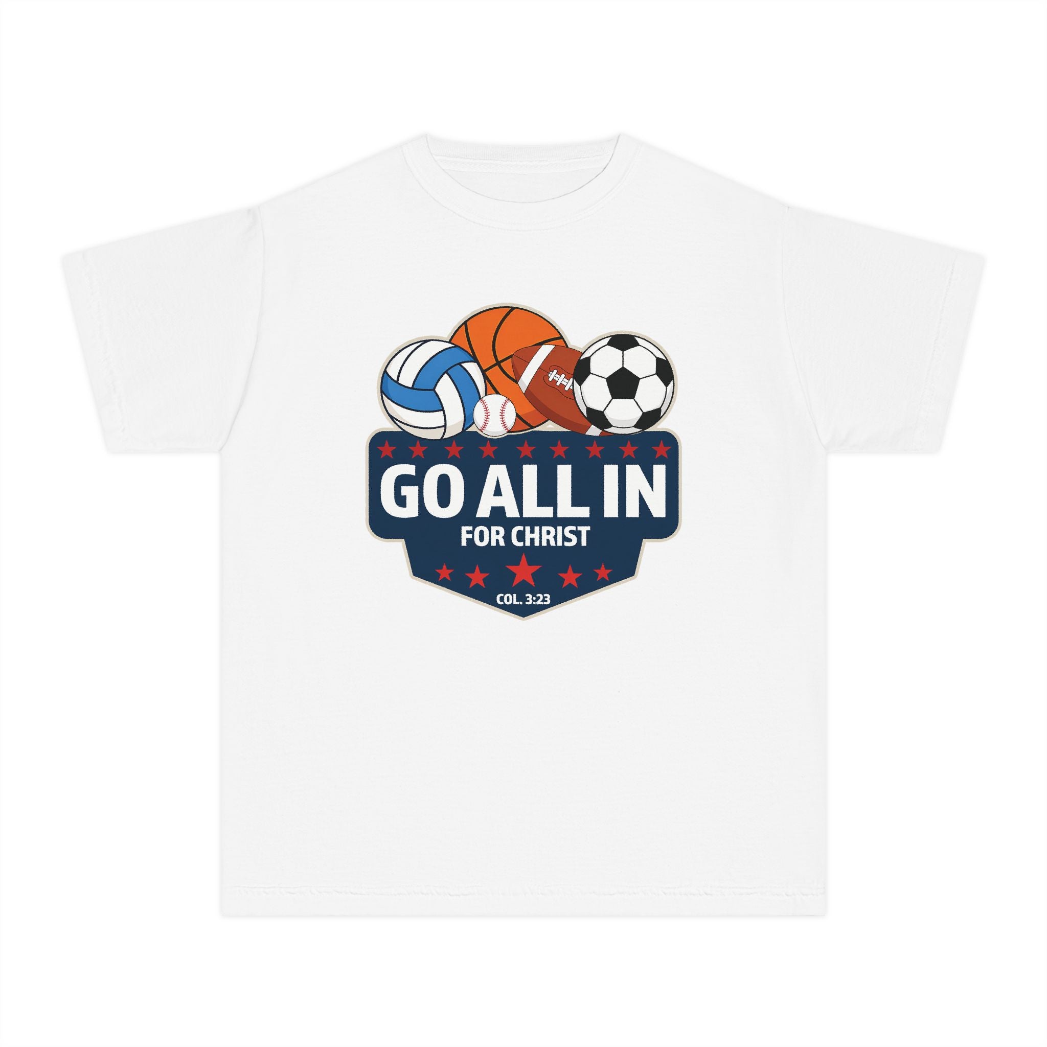 Go All In for Christ Youth T-Shirt, Christian Sports Shirt, Colossians 3:23 Shirt, Youth Athlete Shirt, Faith Sports Tee, Unisex Faith Shirt