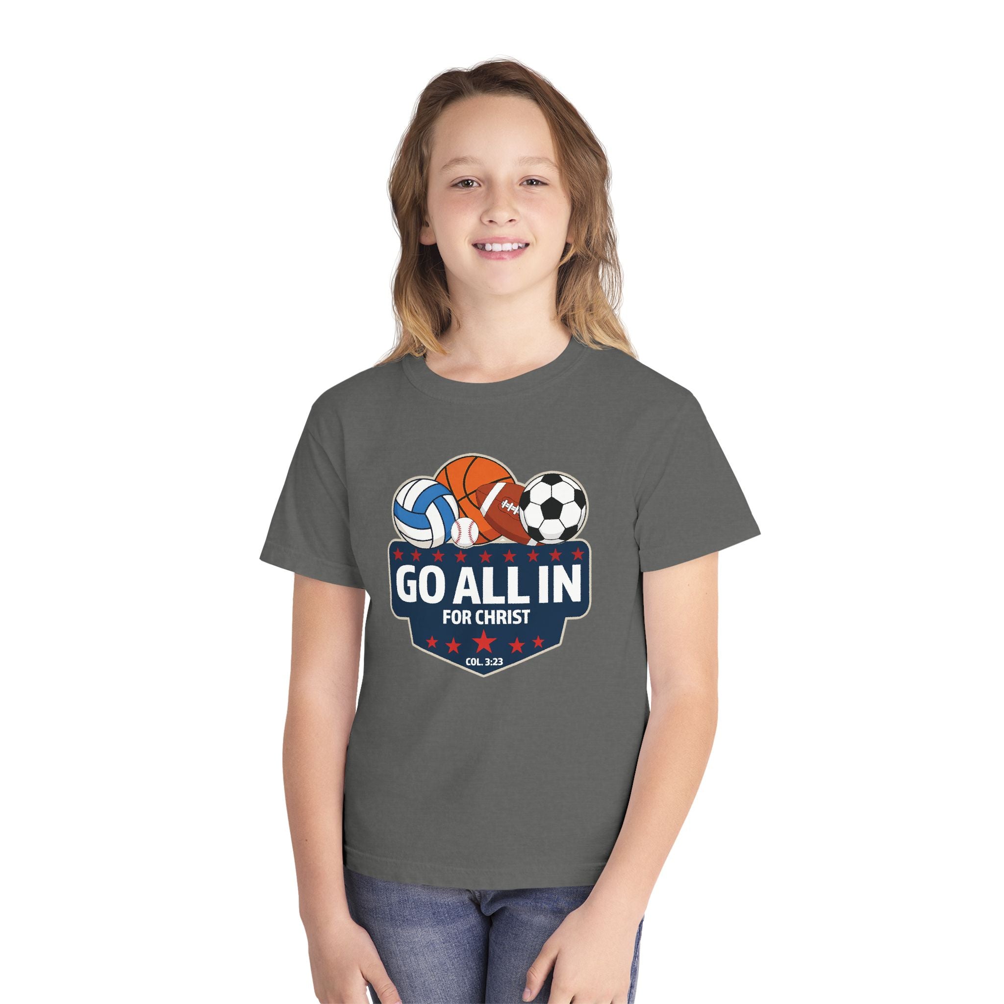 Go All In for Christ Youth T-Shirt, Christian Sports Shirt, Colossians 3:23 Shirt, Youth Athlete Shirt, Faith Sports Tee, Unisex Faith Shirt