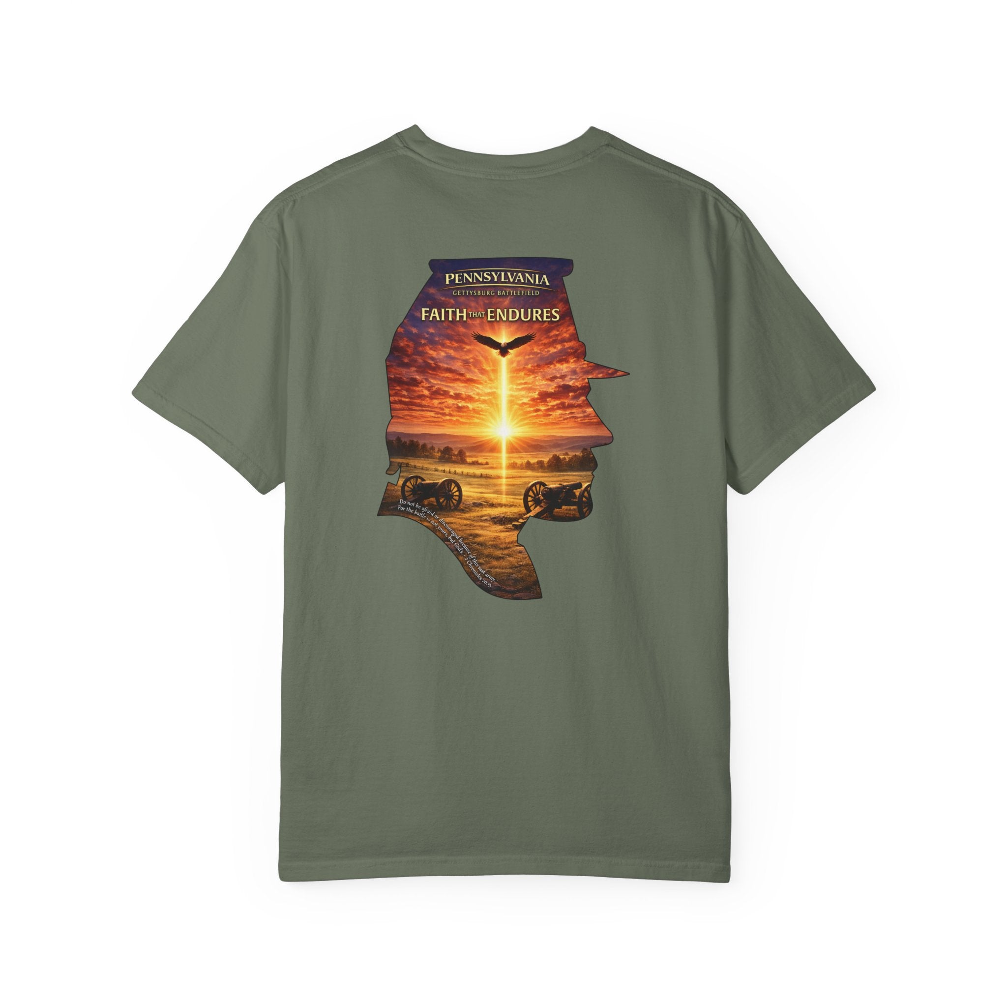 PA-Pennsylvania Gettysburg Faith That Endures Christian Shirt, Gettysburg Battlefield Tee, 2 Chronicles 20:15, God Bless America Collection