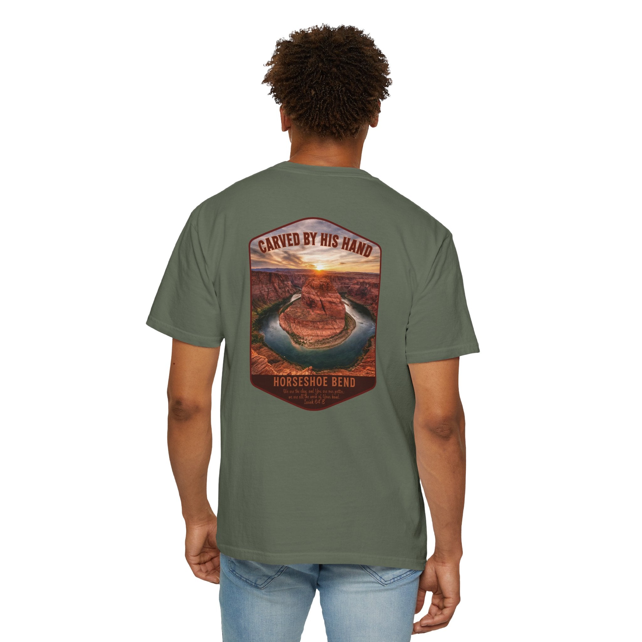AZ-Horseshoe Bend Christian T Shirt, Carved by His Hand Tee, Arizona Faith Shirt, Isaiah 64 Bible Verse Shirt, God Bless America Collection