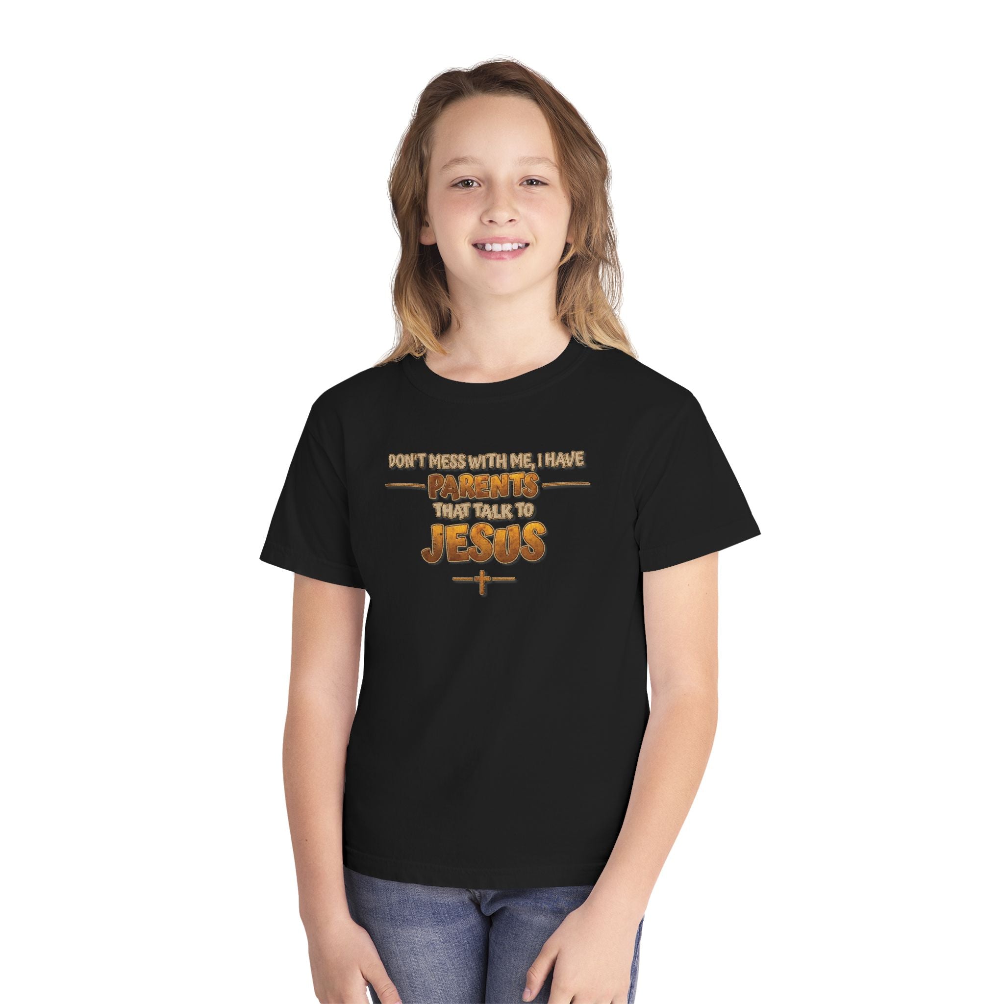 Don't Mess With Me I Have Parents That Talk To Jesus, Faith Youth Shirt, Bible Humor Tee, Christian Gift Kids, Funny Christian Youth Shirt