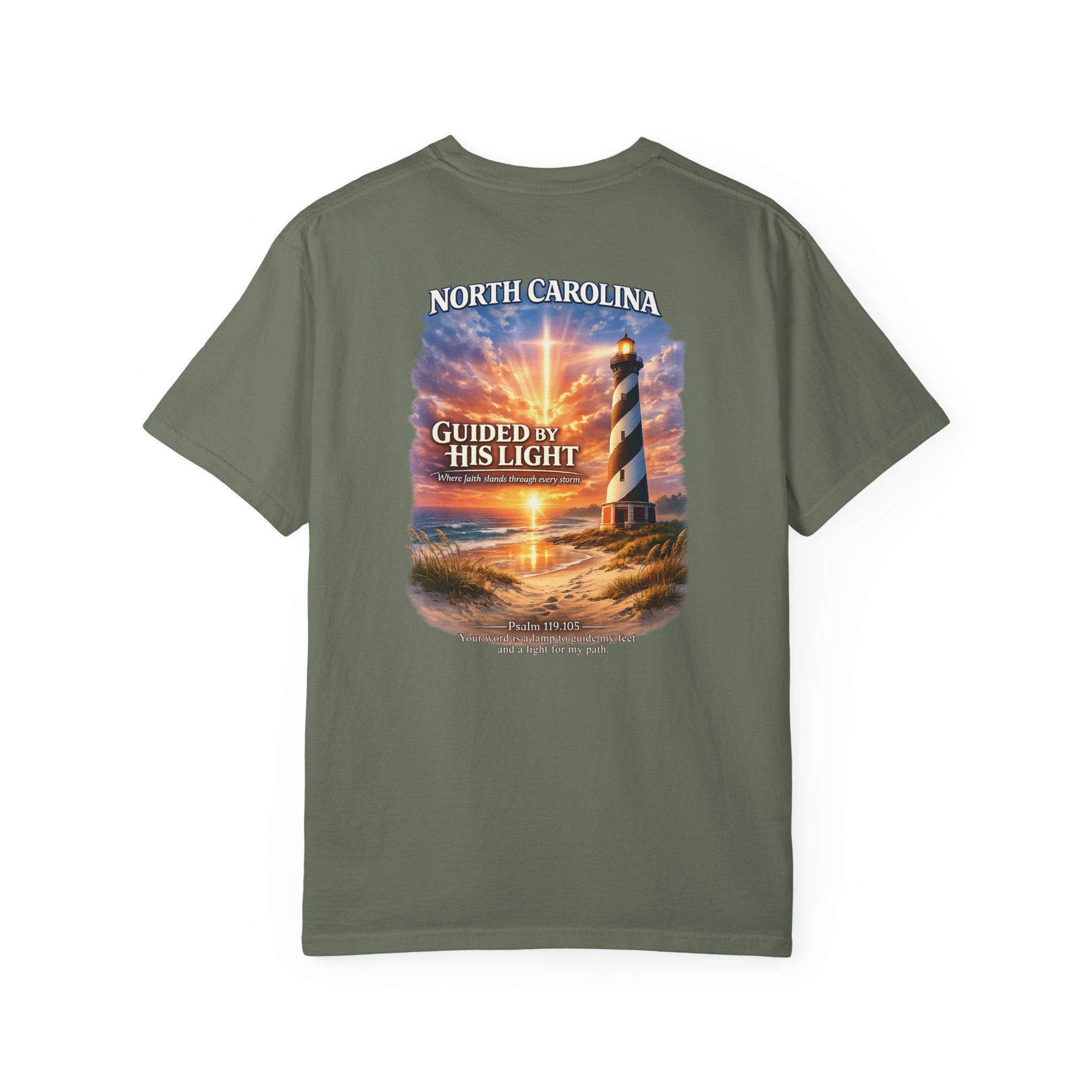 NC-North Carolina Guided by His Light Christian T Shirt, Lighthouse Faith Tee, Psalm 119:105 Shirt, God Bless America Collection