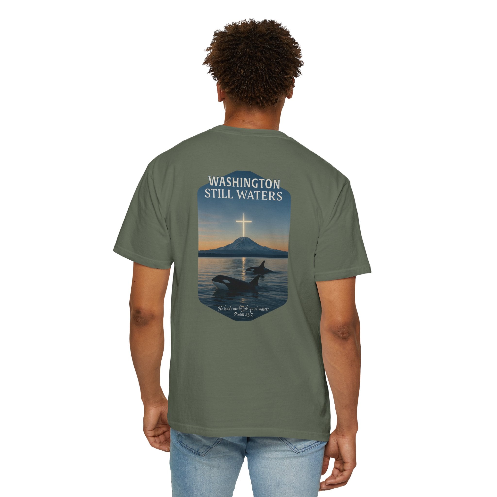 WA-Washington Still Waters Christian Shirt, Psalm 23:2, Orca Mountain Cross Faith, Nature Tee, God Bless America Collection, Redeemed Faith