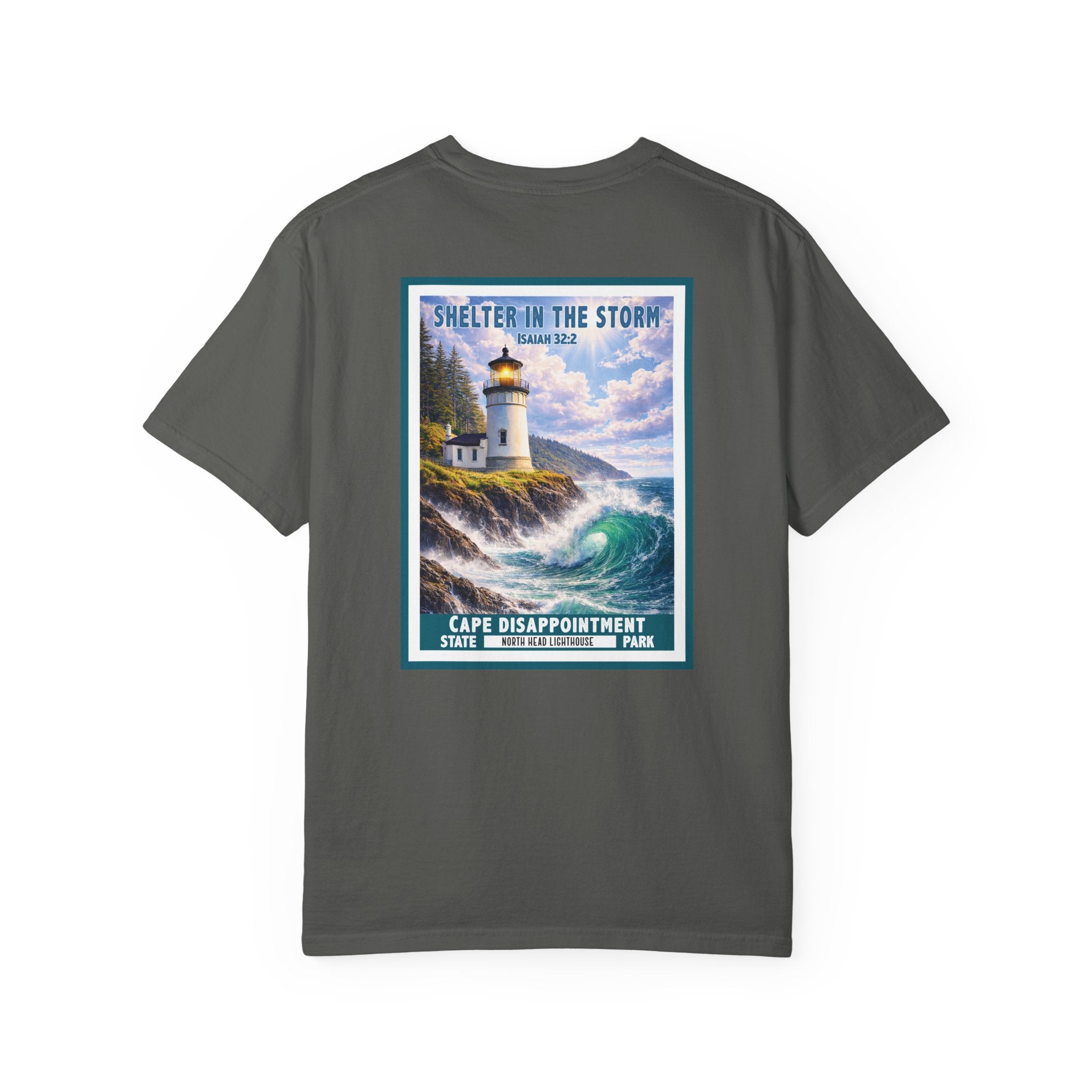 WA-Shelter in the Storm Shirt, Isaiah 32:2, Cape Disappointment, North Head Lighthouse, Christian Faith Tee, God Bless America Collection