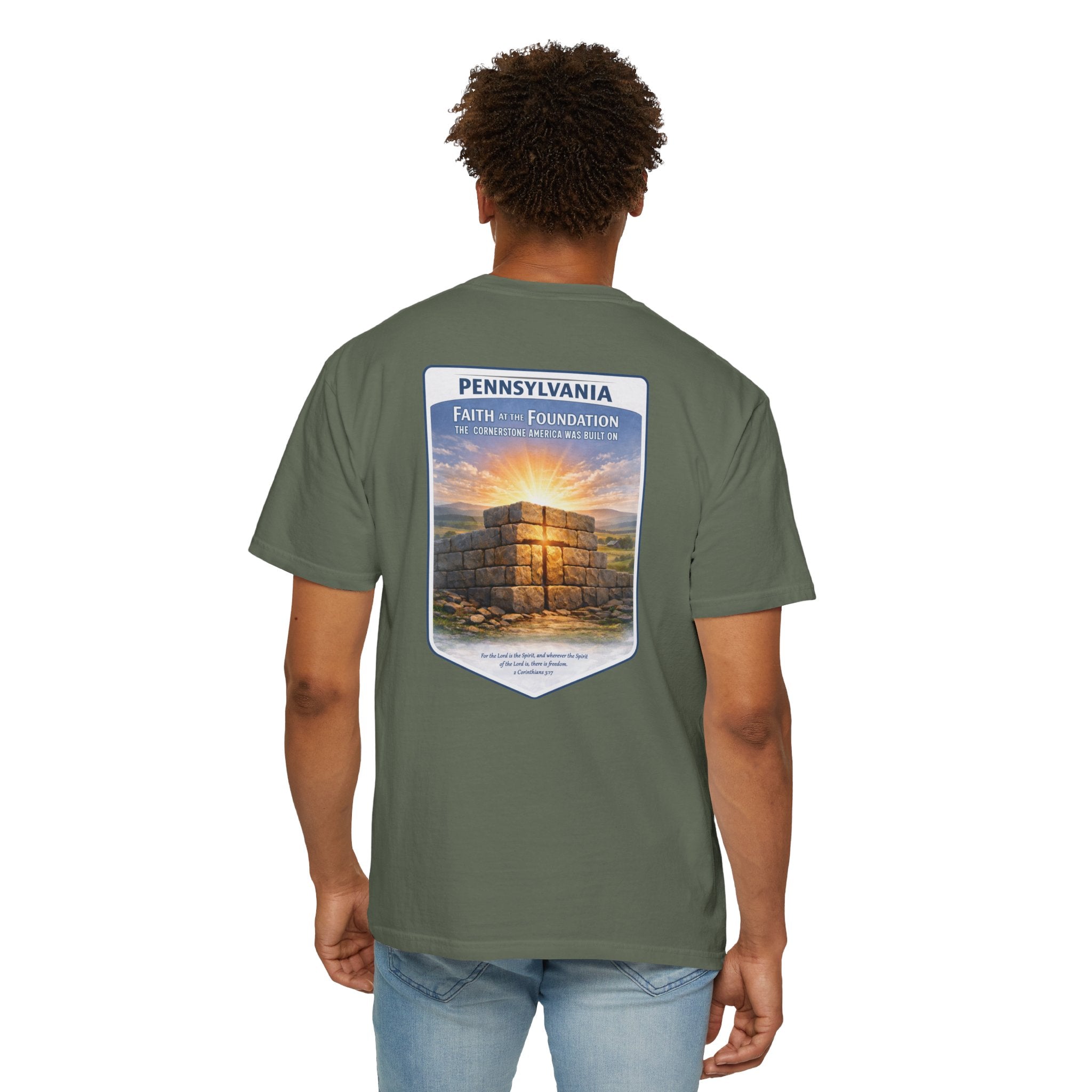 PA-Pennsylvania Faith at the Foundation Christian T Shirt, Cornerstone USA Faith Tee, 2 Corinthians 3:17 Shirt, God Bless America Collection