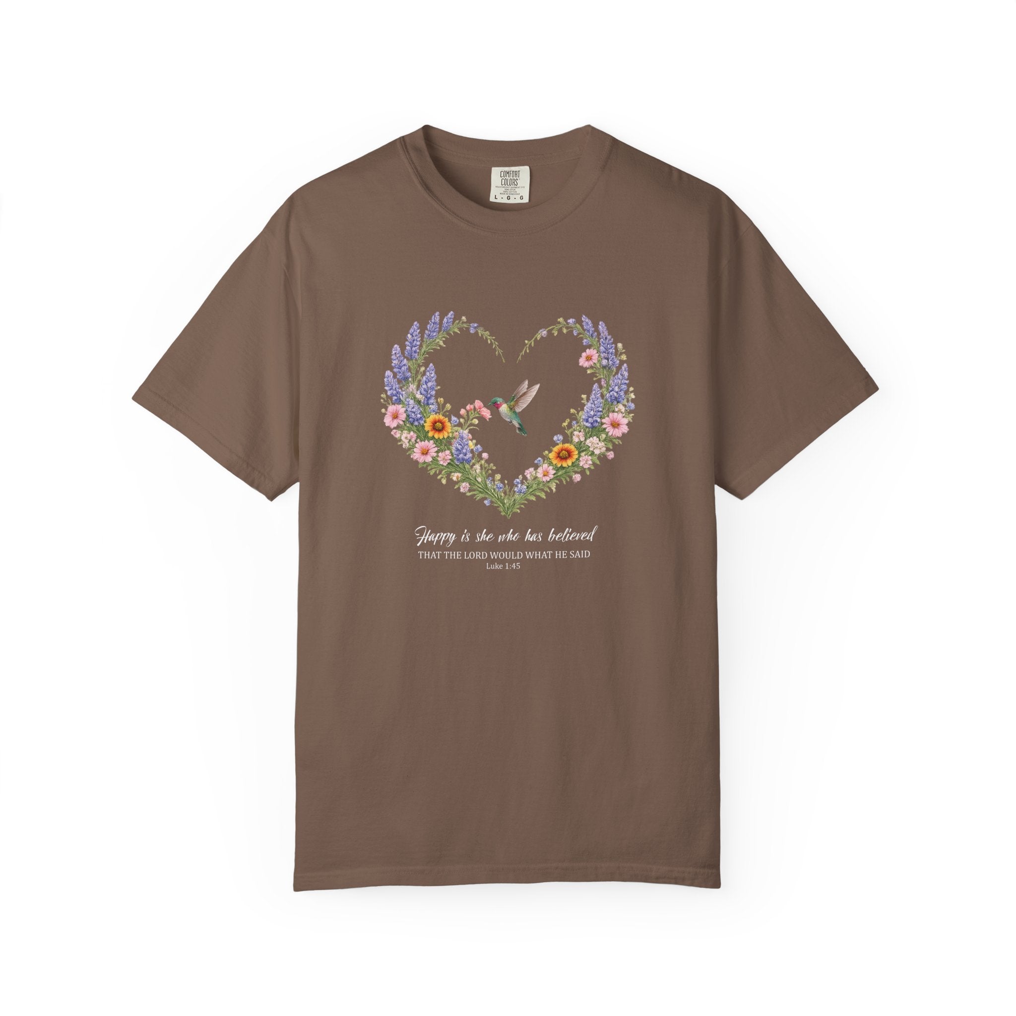 Happy Is She Who Has Believed Floral Tee, Luke 1:45 Shirt, Faith Shirt, Christian Women Gift, Wildflower Heart, Redeemed Faith Apparel