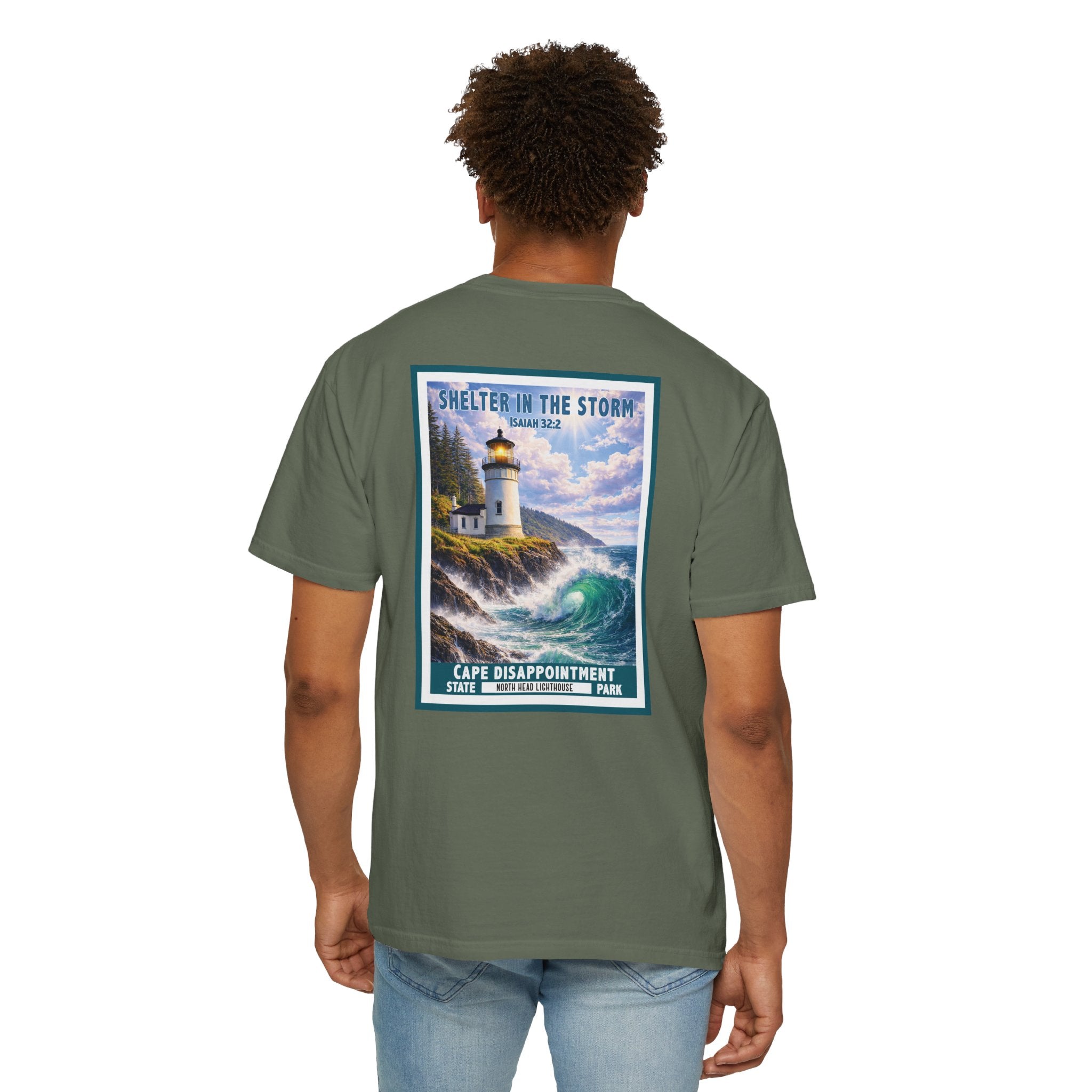 WA-Shelter in the Storm Shirt, Isaiah 32:2, Cape Disappointment, North Head Lighthouse, Christian Faith Tee, God Bless America Collection