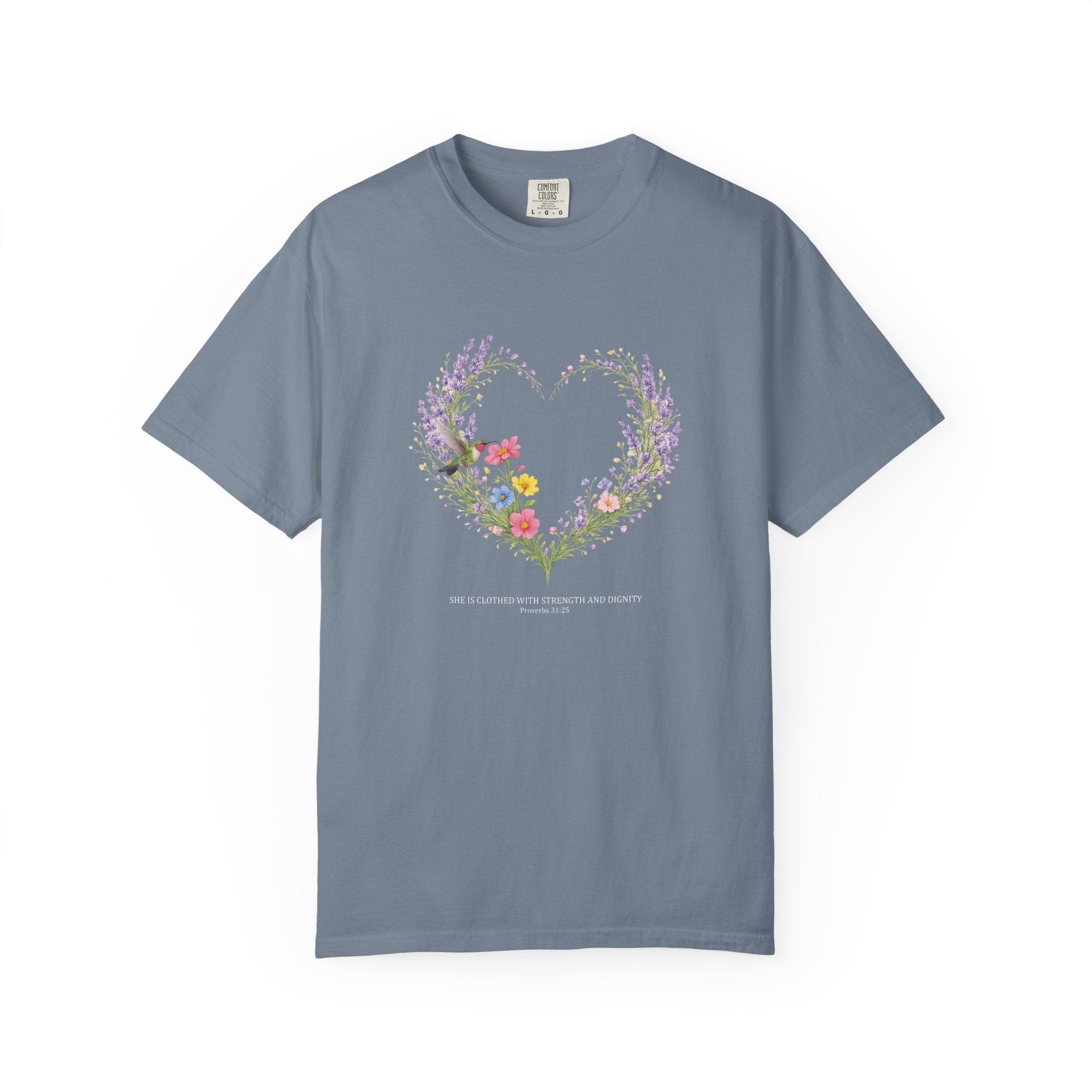 She Is Clothed With Strength And Dignity Floral Tee, Proverbs 31:25 Shirt, Christian Women Gift, Wildflower Heart, Redeemed Faith Apparel