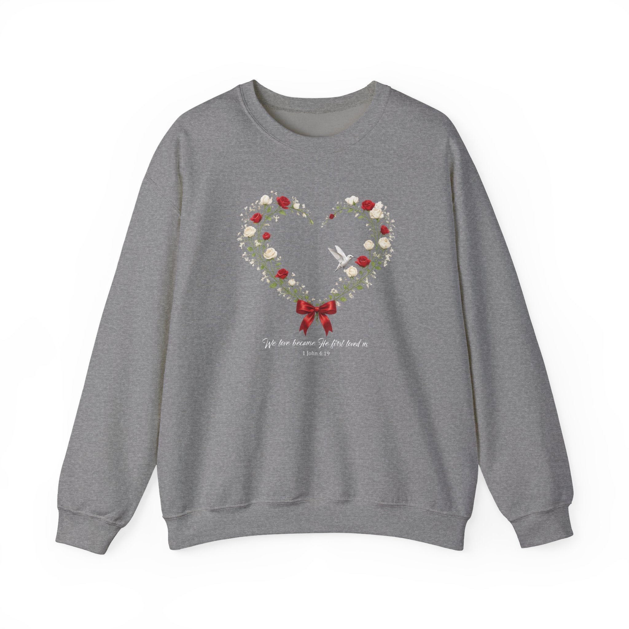 Christian Wildflower Heart Sweatshirt, 1 John 4:19 Floral  Faith Sweatshirt, Rose Hummingbird Womens Gift, Redeemed Faith Apparel, Boho Top