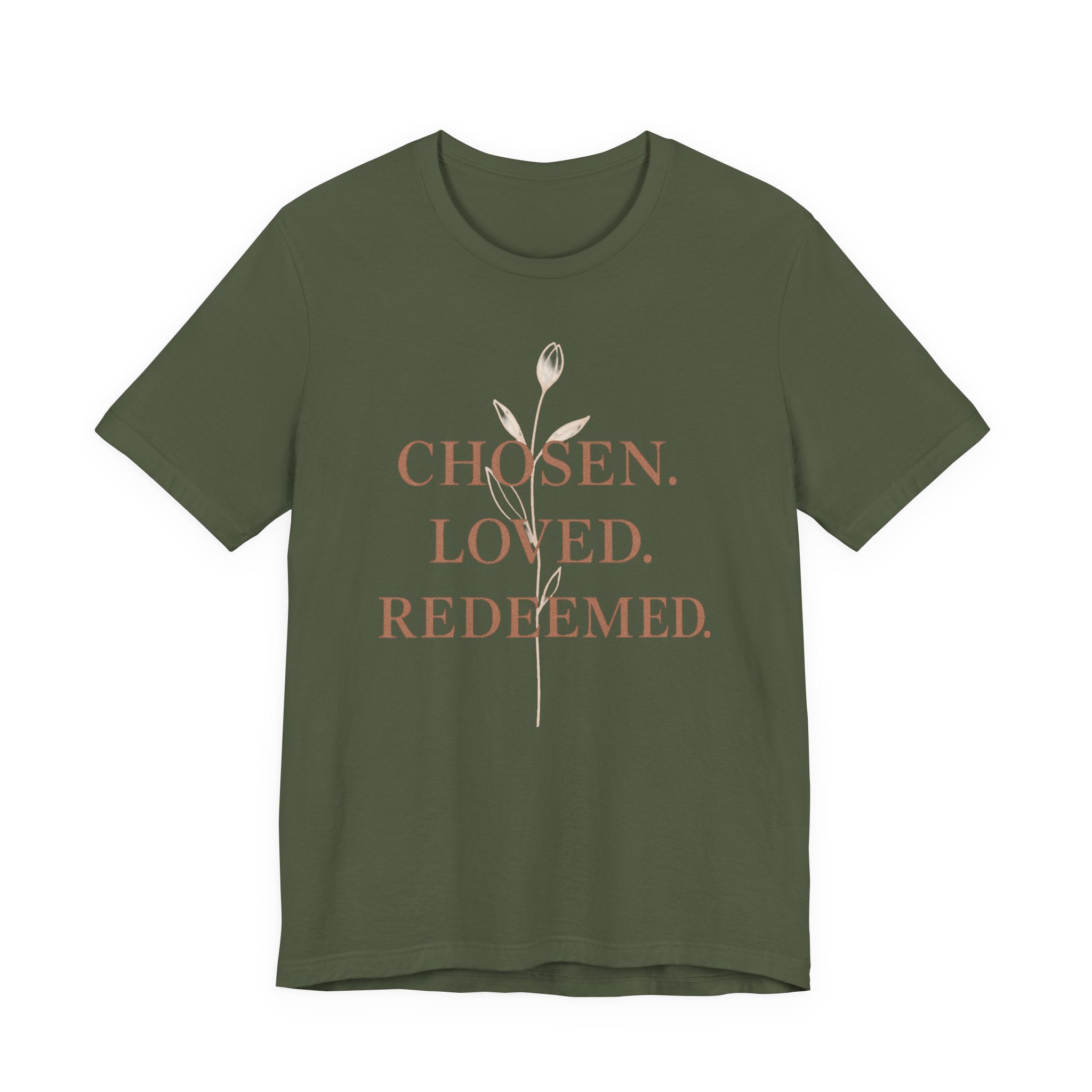 Chosen. Loved. Redeemed. Womens Christian T-Shirt - Faith Inspiration Tee, Minimalist Bible Verse Apparel, Redeemed Faith Apparel