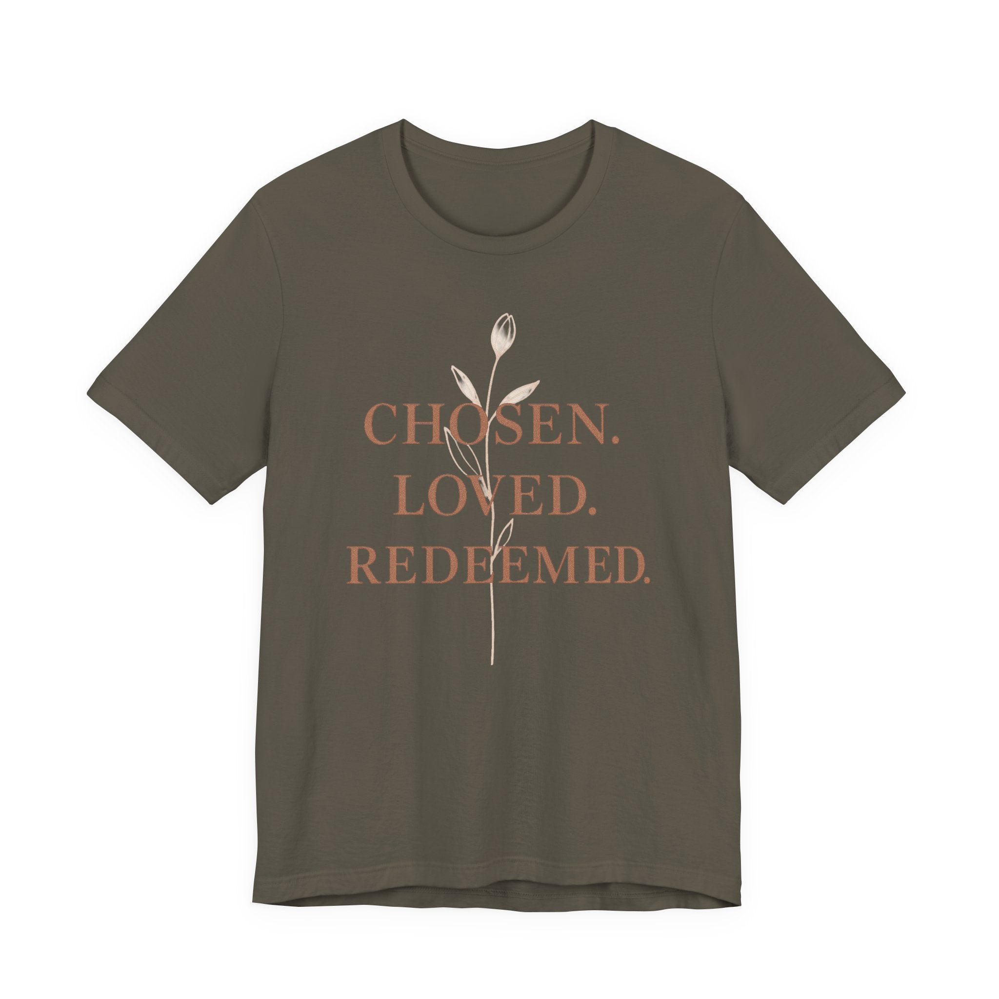Chosen. Loved. Redeemed. Womens Christian T-Shirt - Faith Inspiration Tee, Minimalist Bible Verse Apparel, Redeemed Faith Apparel