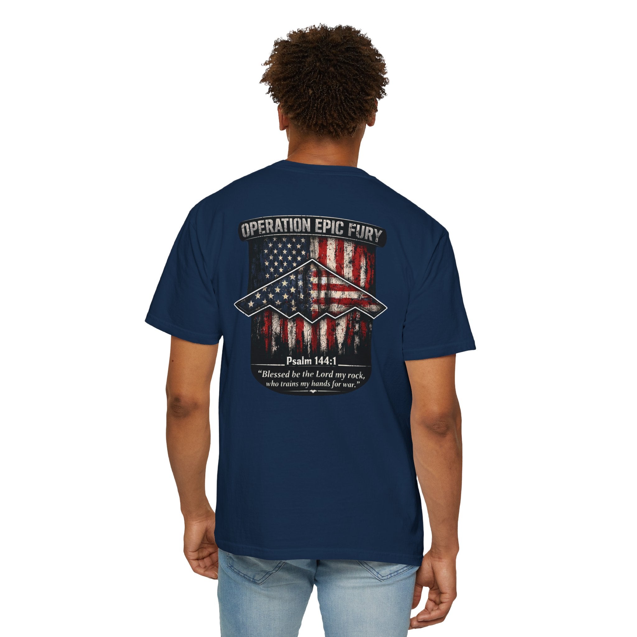 Operation Epic Fury Christian Shirt, Psalm 144:1 Patriotic Tee, Faith and Freedom Shirt, American Flag Bomber Shirt, Redeemed Faith Apparel
