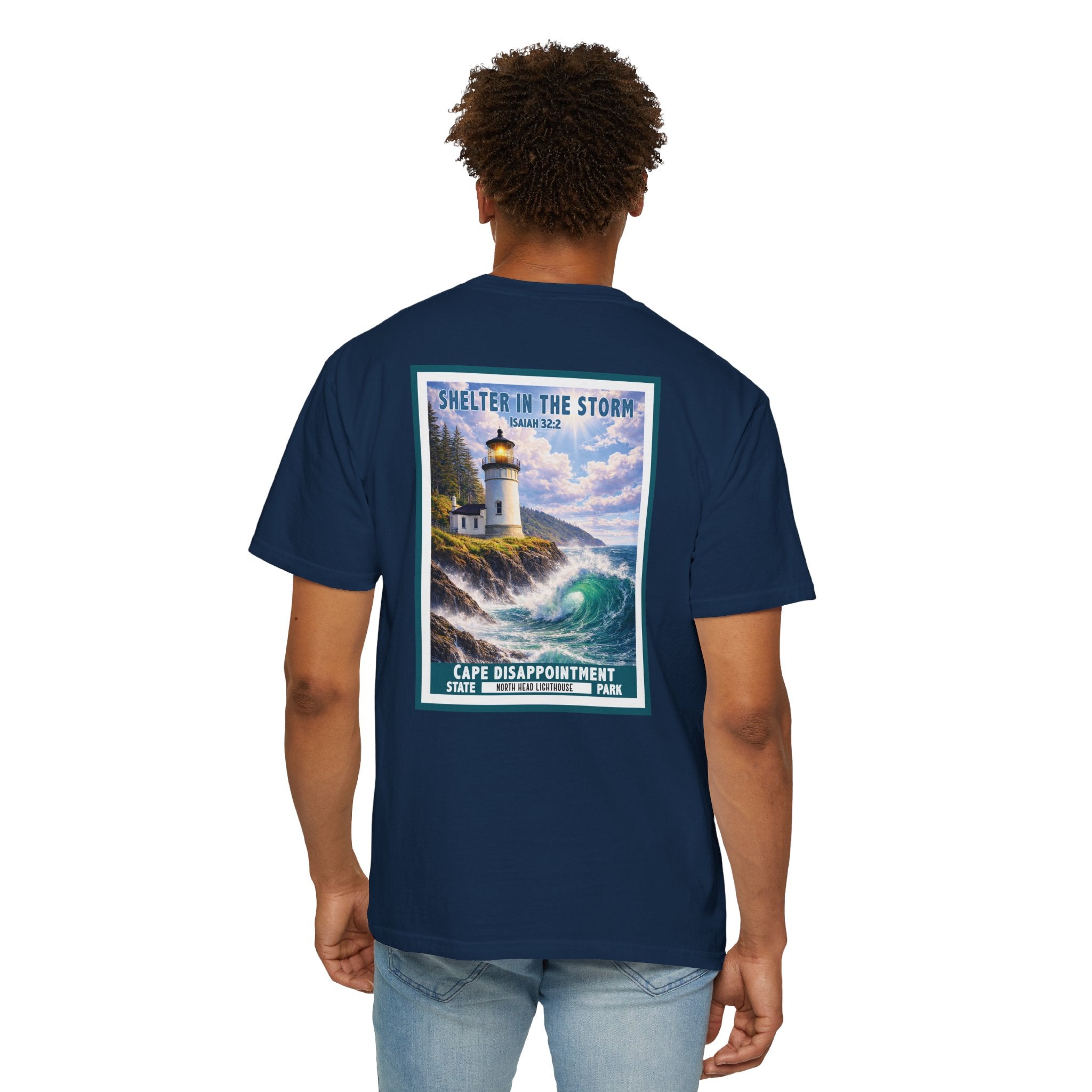 WA-Shelter in the Storm Shirt, Isaiah 32:2, Cape Disappointment, North Head Lighthouse, Christian Faith Tee, God Bless America Collection