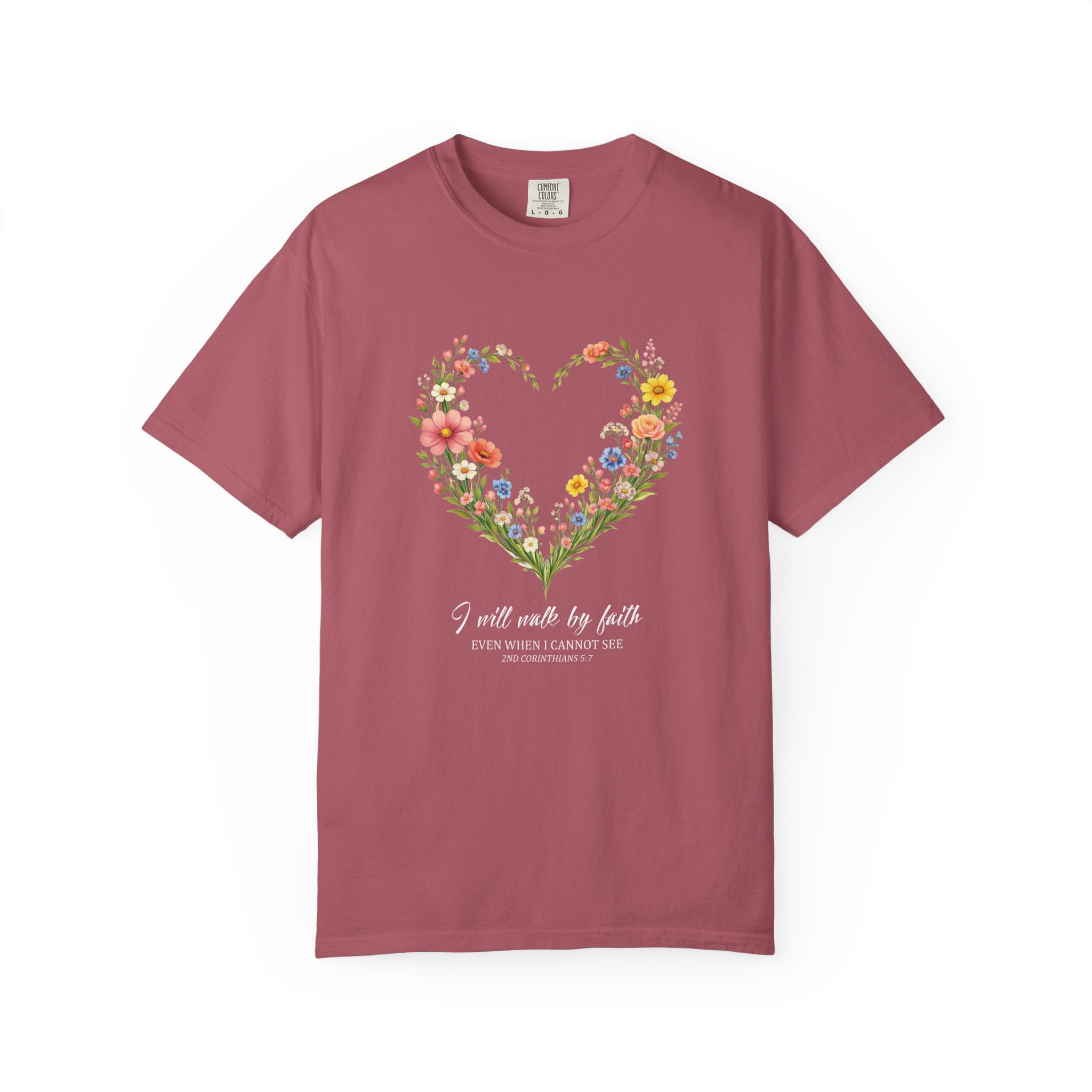 I Will Walk By Faith Floral T Shirt, 2 Corinthians 5:7 Christian Shirt, Christian Women Gift, Wildflower Heart tee, Redeemed Faith Apparel