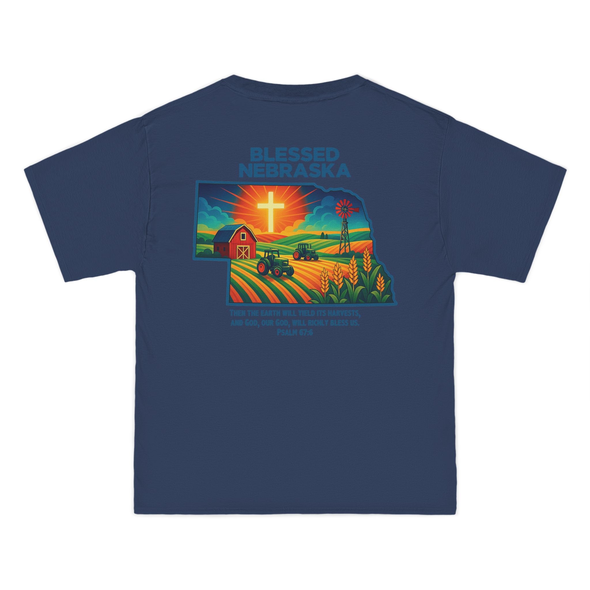 NB-Blessed Nebraska Christian Shirt, Psalm 67:6 Tee, Farm Cross Tractor Sunset T-shirt, Faith Midwest Apparel, God Bless America Collection