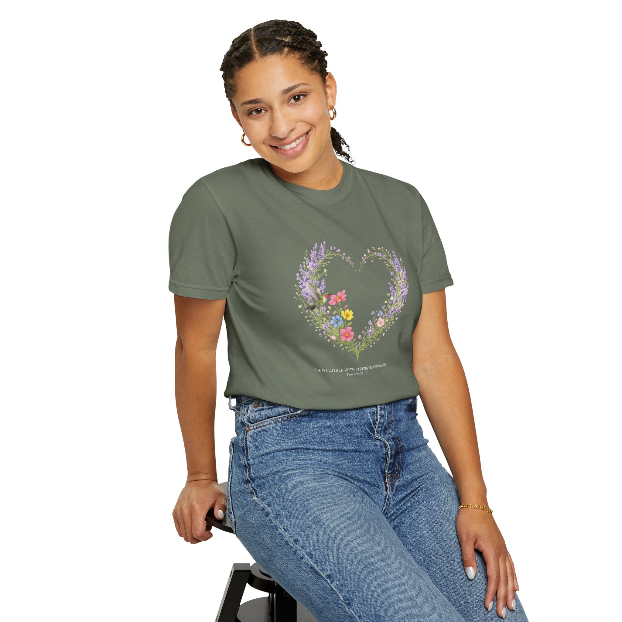She Is Clothed With Strength And Dignity Floral Tee, Proverbs 31:25 Shirt, Christian Women Gift, Wildflower Heart, Redeemed Faith Apparel
