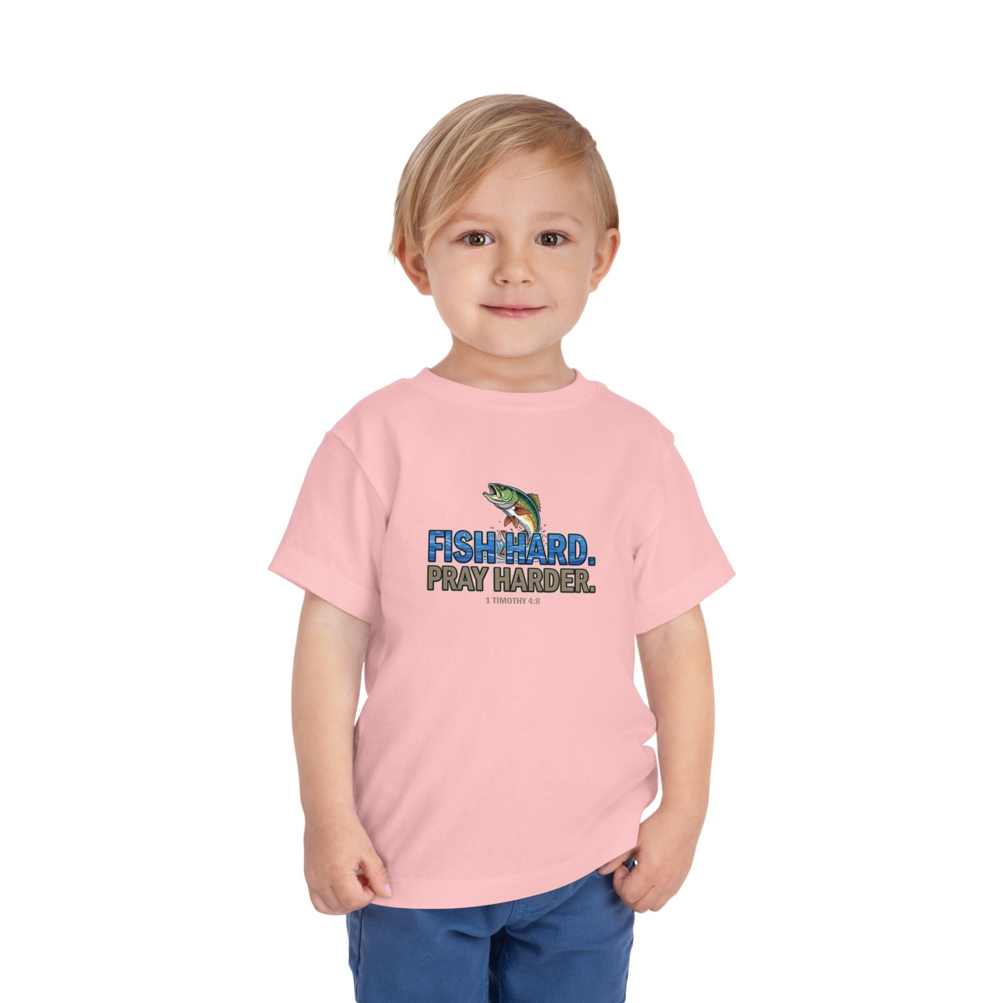 Fish Hard Pray Harder Kids T-Shirt, Christian Fishing Tee, Redeemed Faith Apparel