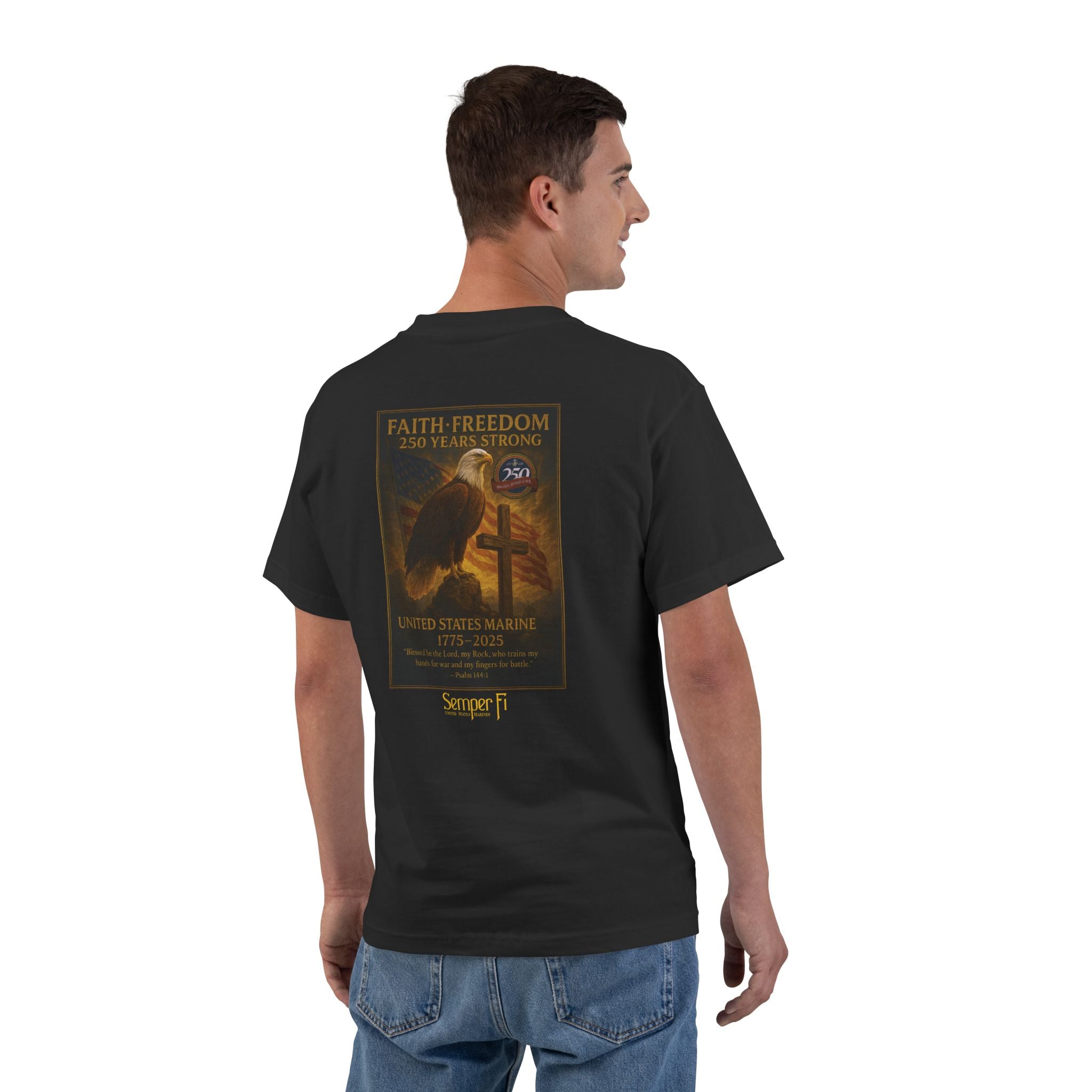Faith and Freedom T-Shirt - USMC 250th Anniversary, Psalm 144:1, Faith Apparel for Men, Uplifting Gift, Motivational Wear, Spiritual Tee