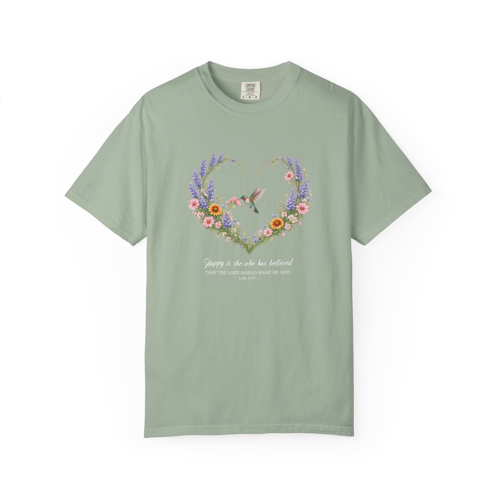 Happy Is She Who Has Believed Floral Tee, Luke 1:45 Shirt, Faith Shirt, Christian Women Gift, Wildflower Heart, Redeemed Faith Apparel