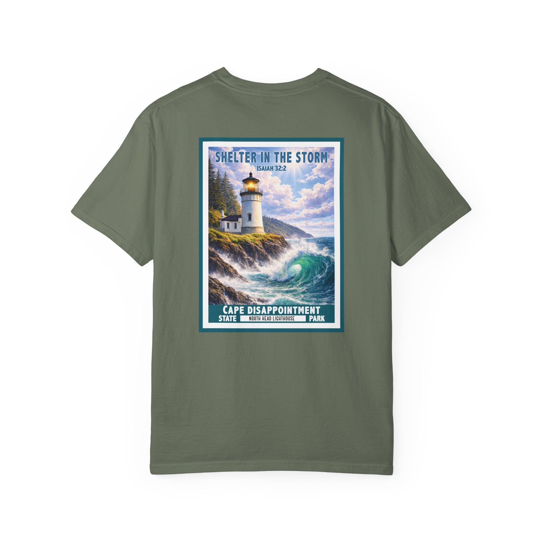 WA-Shelter in the Storm Shirt, Isaiah 32:2, Cape Disappointment, North Head Lighthouse, Christian Faith Tee, God Bless America Collection