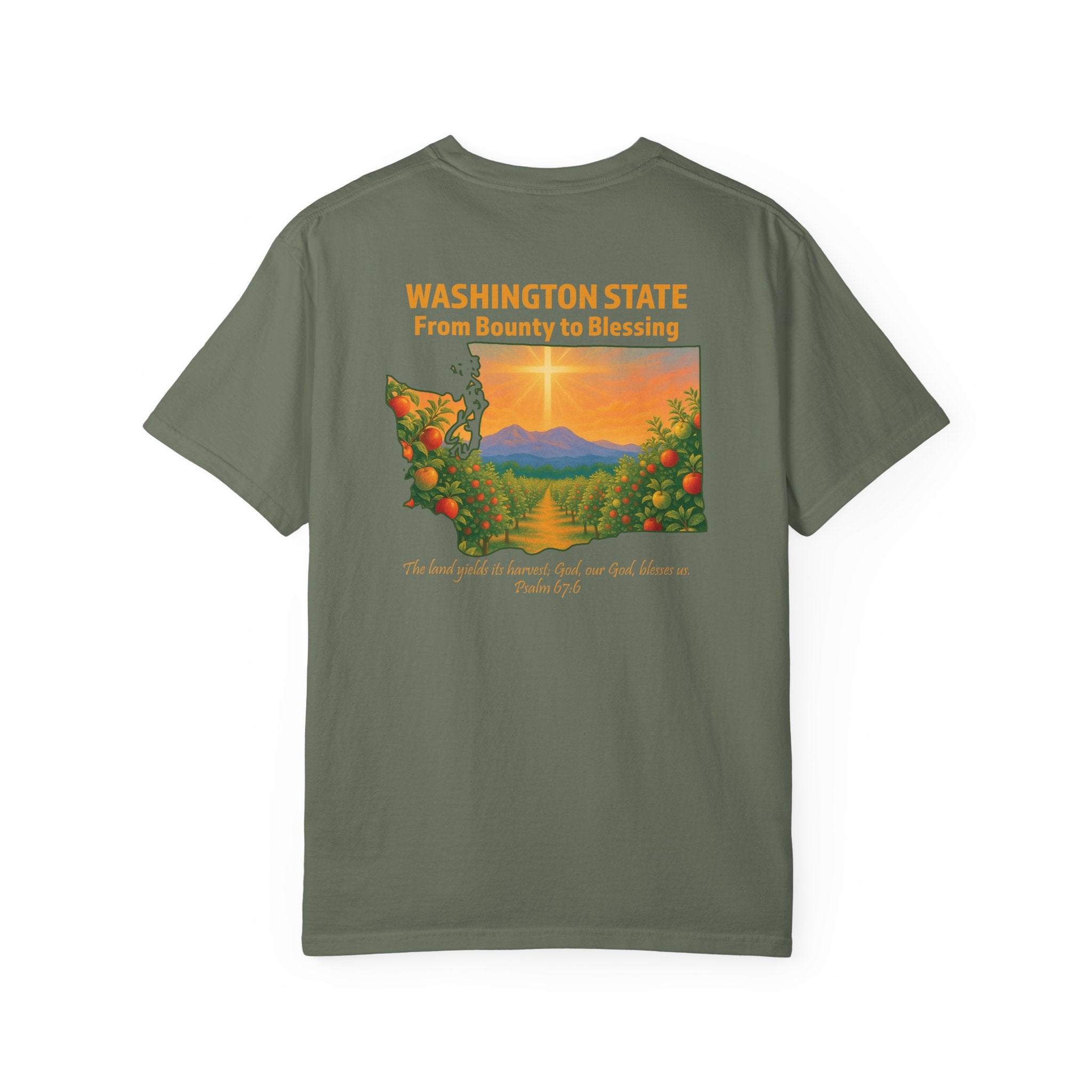 WA-From Bounty to Blessing, Psalm 67:6, Washington Apple Orchard T-shirt, Cross Faith Tee, God Bless America Collection, Redeemed Faith
