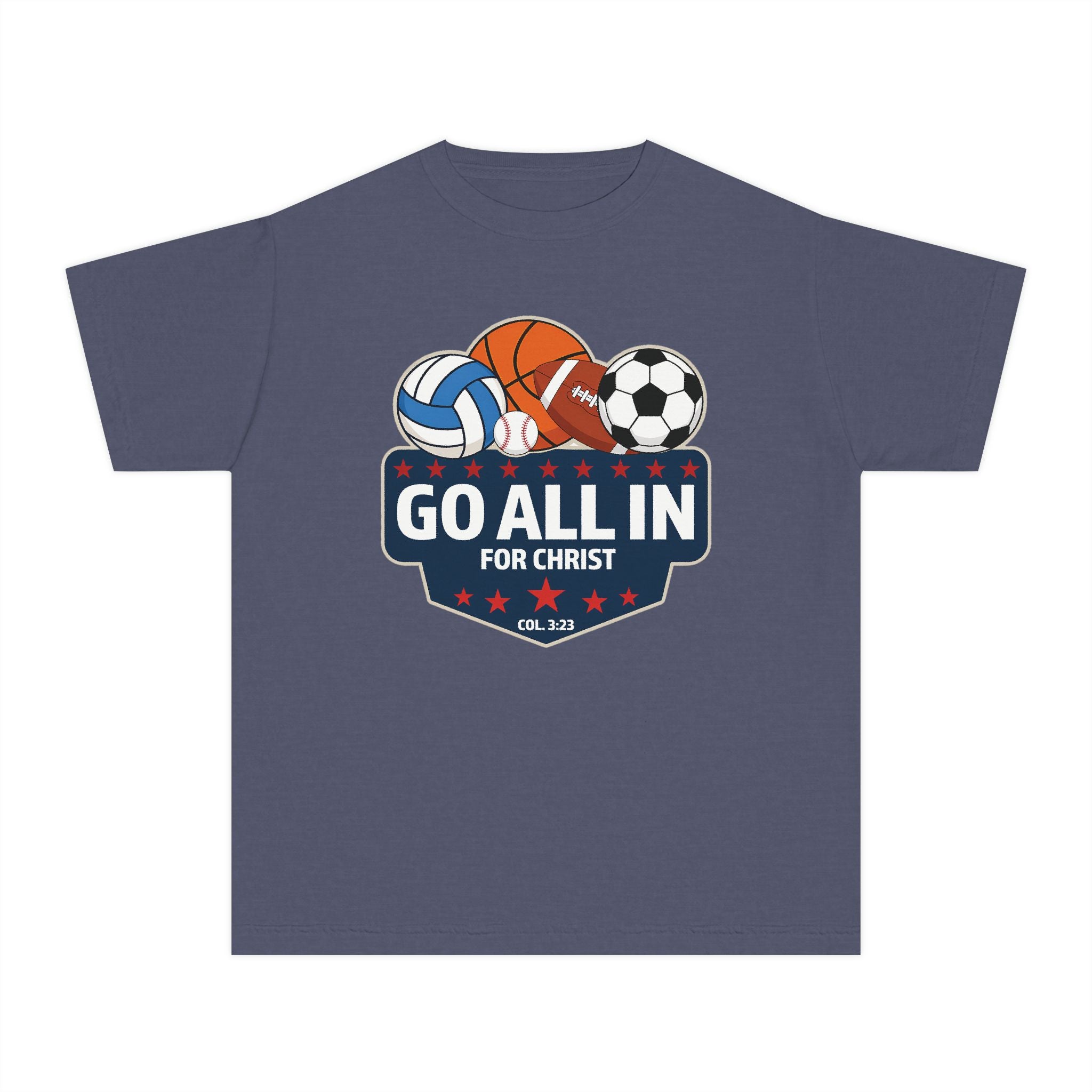 Go All In for Christ Youth T-Shirt, Christian Sports Shirt, Colossians 3:23 Shirt, Youth Athlete Shirt, Faith Sports Tee, Unisex Faith Shirt