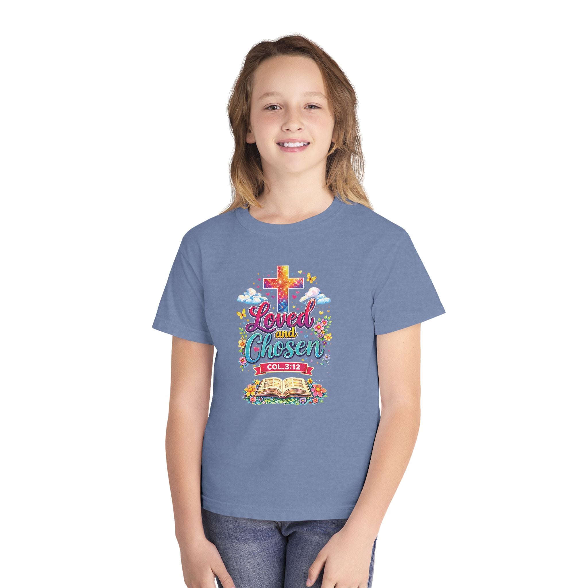 Loved and Chosen Youth Shirt, Christian Youth T Shirt, Bible Verse Youth Tee, Faith Shirt for Girls Boys, Church Youth Shirt Colossians 312