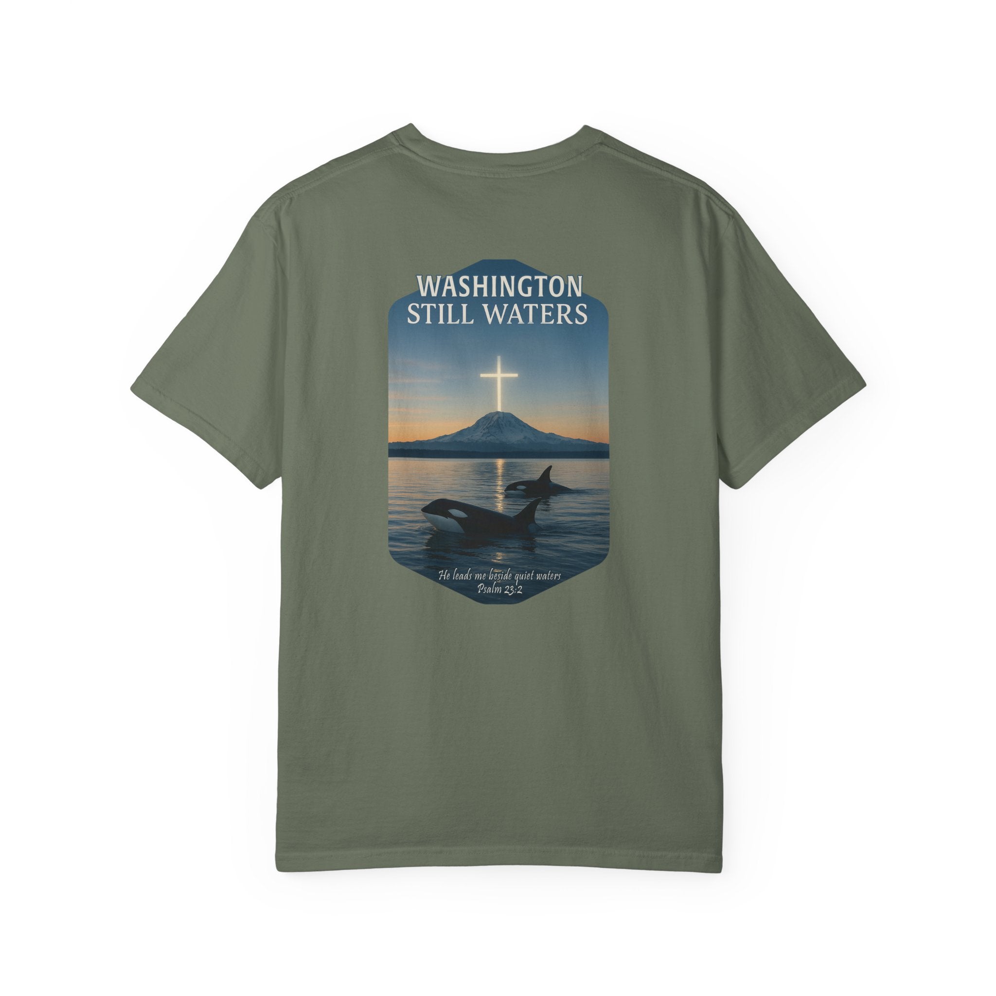 WA-Washington Still Waters Christian Shirt, Psalm 23:2, Orca Mountain Cross Faith, Nature Tee, God Bless America Collection, Redeemed Faith