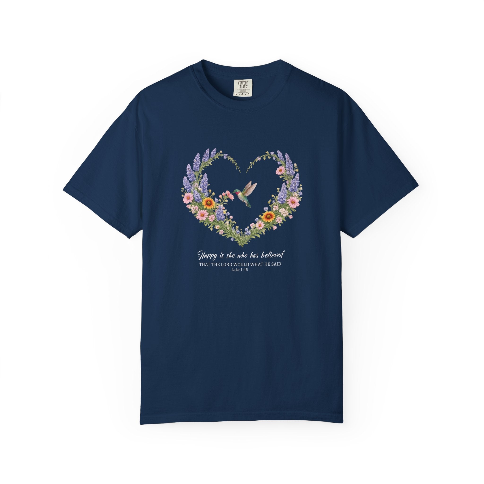 Happy Is She Who Has Believed Floral Tee, Luke 1:45 Shirt, Faith Shirt, Christian Women Gift, Wildflower Heart, Redeemed Faith Apparel
