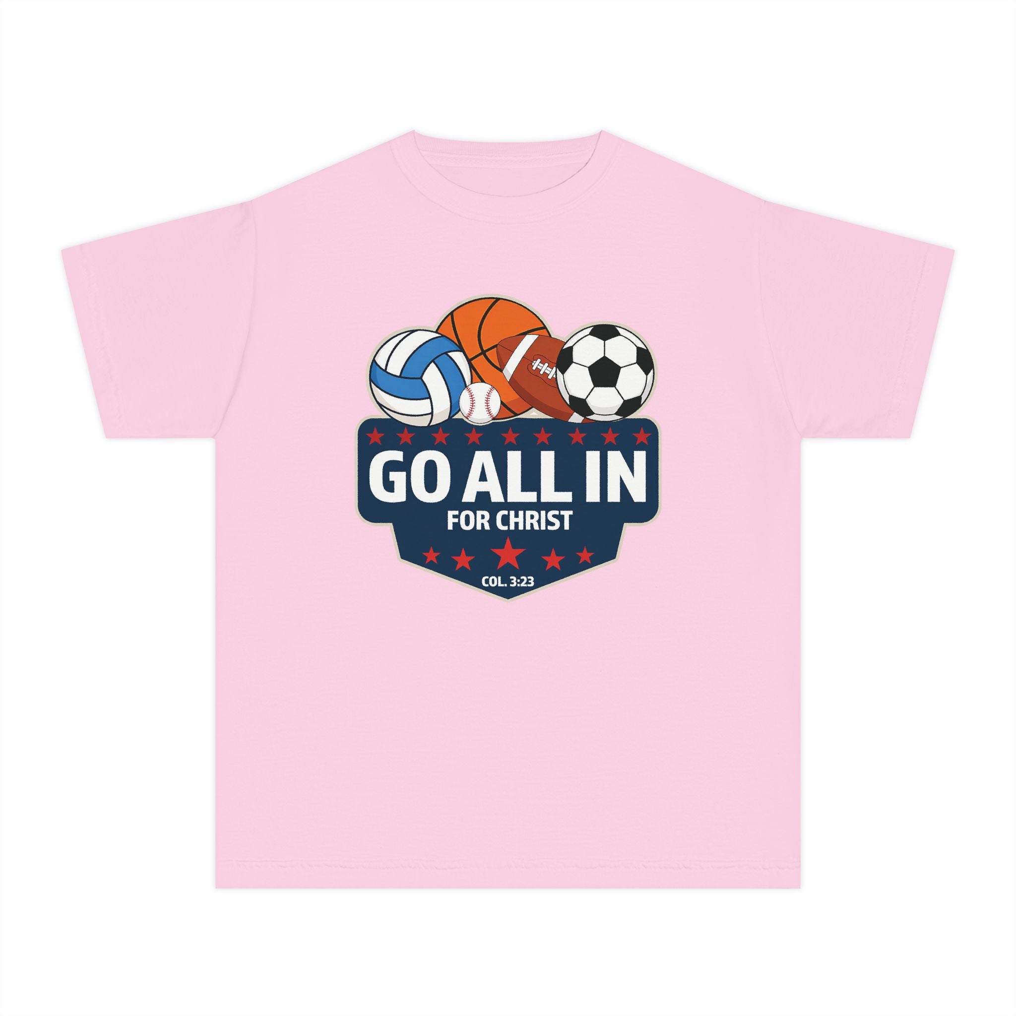 Go All In for Christ Youth T-Shirt, Christian Sports Shirt, Colossians 3:23 Shirt, Youth Athlete Shirt, Faith Sports Tee, Unisex Faith Shirt